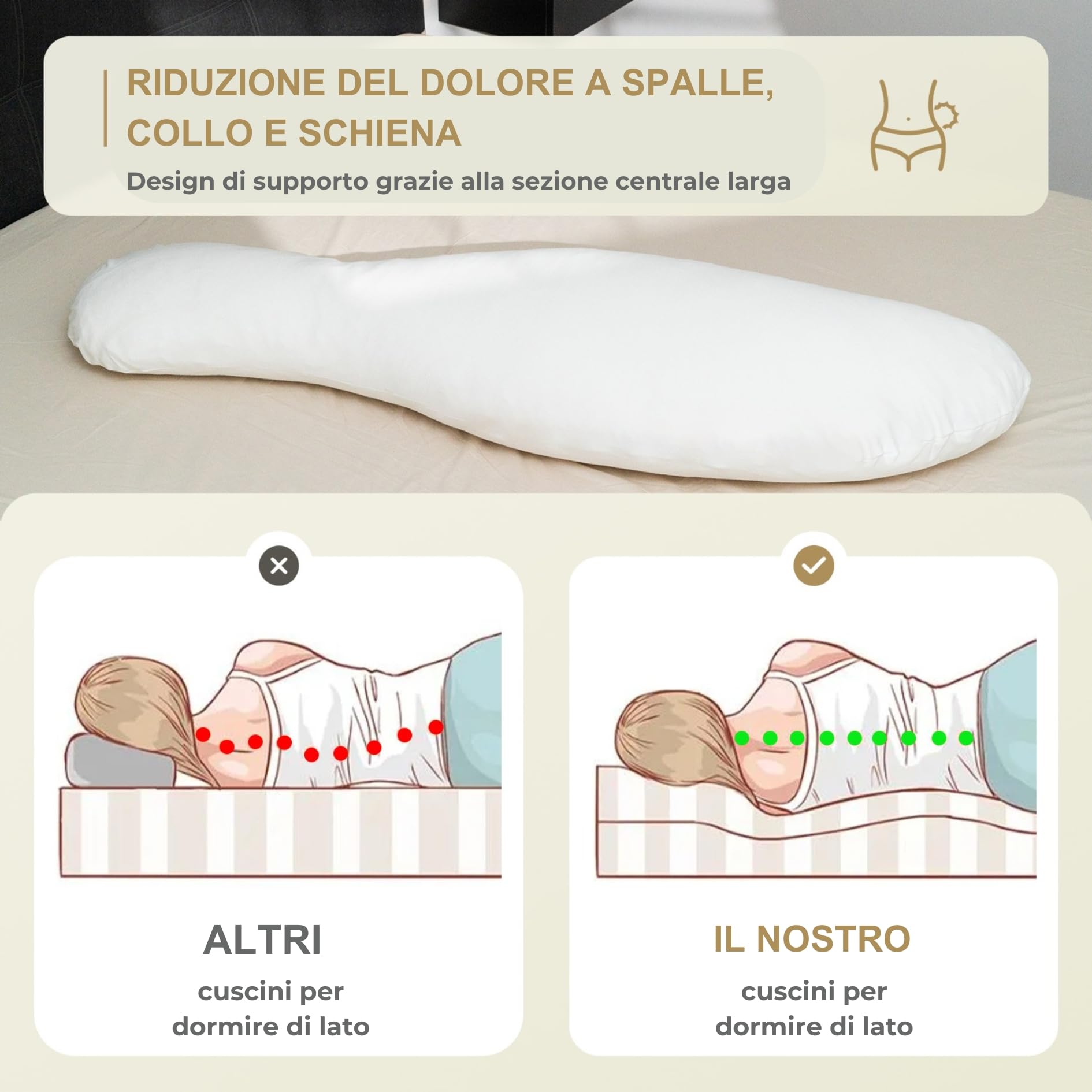 Cuscino ergonomico per chi dorme sul fianco con rivestimento in 100% cotone bianco – Cuscino per gravidanza dalla forma unica – Oeko-Tex – lavabile – Cuscino morbido – Cuscino per