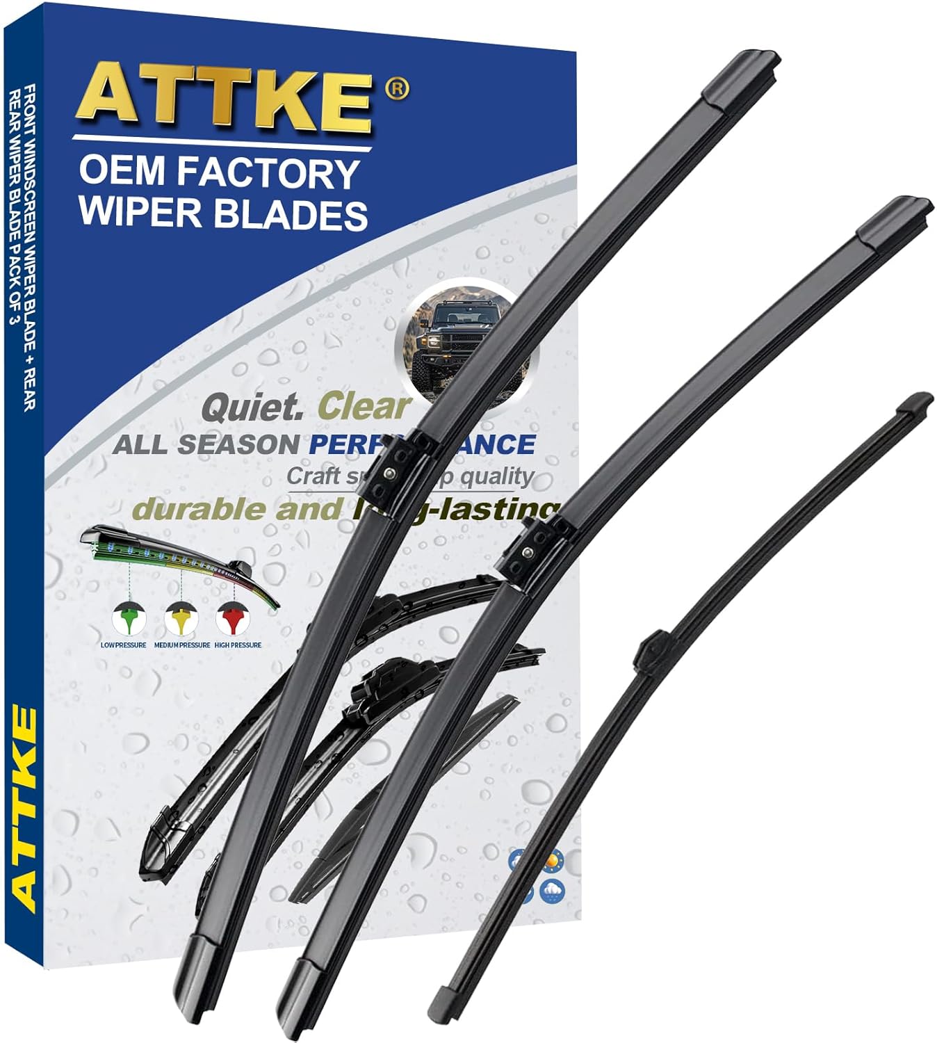 ATTKE 3 Wipers for Jaguar F-Pace 2017-2024,Jaguar Fpace 2017-2024 Replacement (26″ + 19″ + 12″ Front Wiper Blades + Rear Wiper Blades)