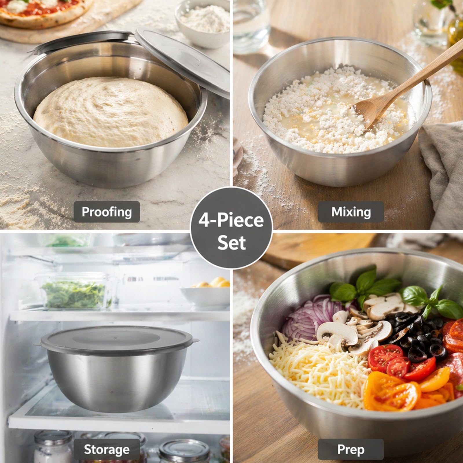 Cuencos de acero inoxidable con tapa, juego de 4 para cocina, pasta y ensalada | Aspecto de metal cepillado, cocina y pastelería, apilable con protección, para reposar masa, preparación y nevera