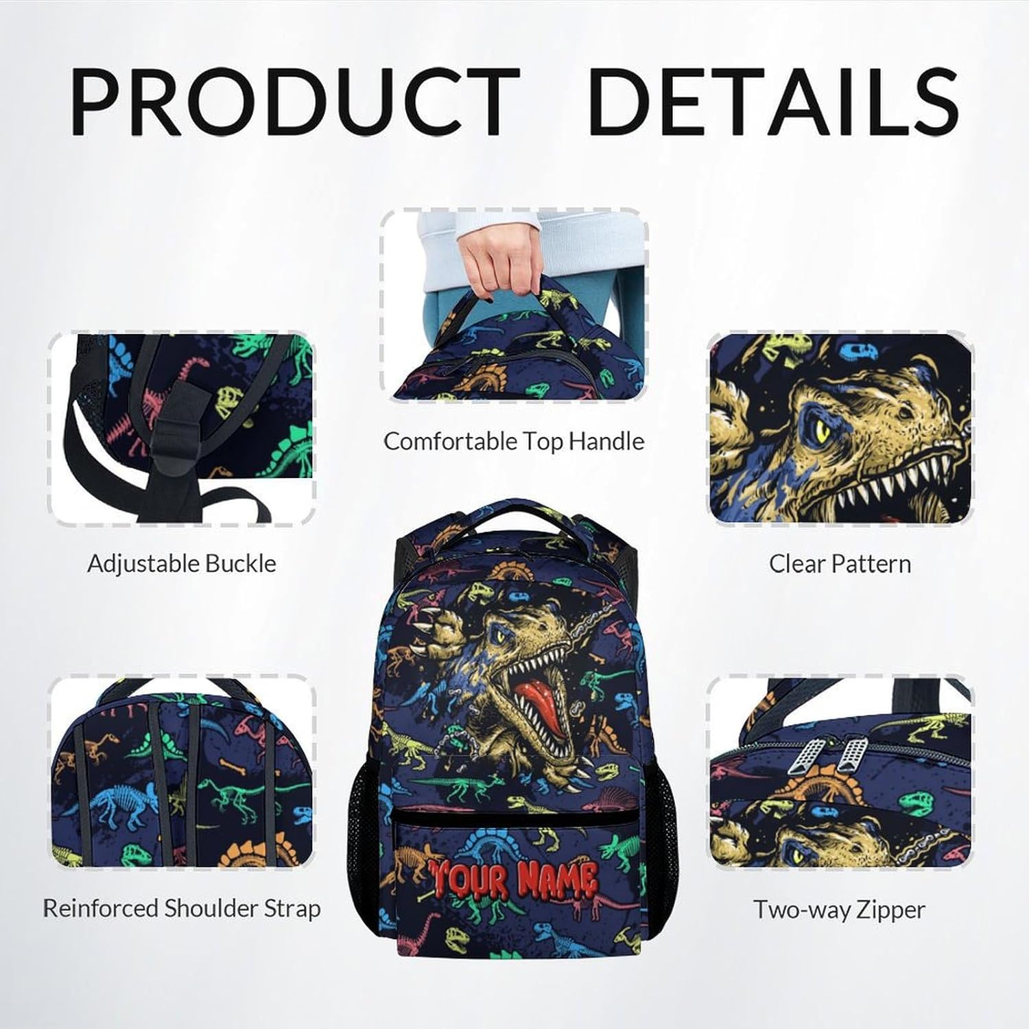 Boys Backpack with Lunch Box - Personalized 3 in 1 Cool Dinosaurs Bookbag for School, Travel - 17 Inch Custom School Bag Set for Kids