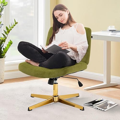 Miniatura 2 de Silla giratoria sin brazos para oficina en casa, patas doradas cruzadas, sin ruedas, asiento ancho de piel sintética, respaldo medio, silla estética