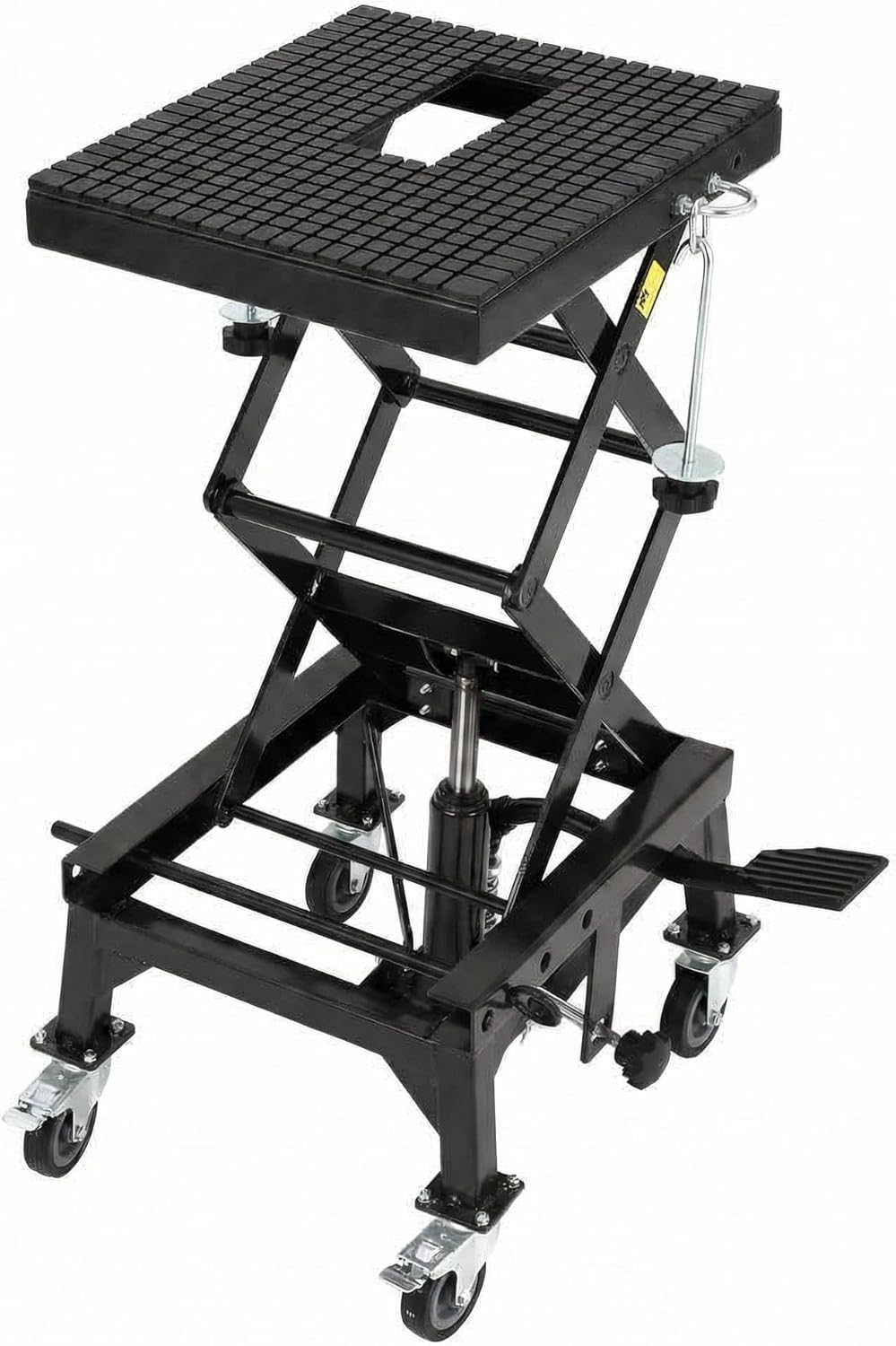 Hydraulic Motorcycle Lift Jack, 350 LBS Capacity Foot-Operated Scissor Jack with Wide Deck & Locking Wheels for Motorcycle, ATV & Buggy Maintenance, Black