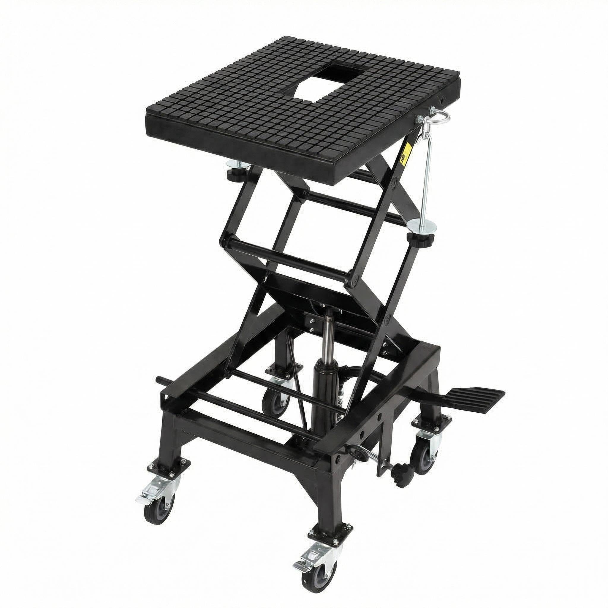 Photo 1 of Hydraulic Motorcycle Lift Jack, 350 LBS Capacity Foot-Operated Scissor Jack with Wide Deck & Locking Wheels for Motorcycle, ATV & Buggy Maintenance, Black