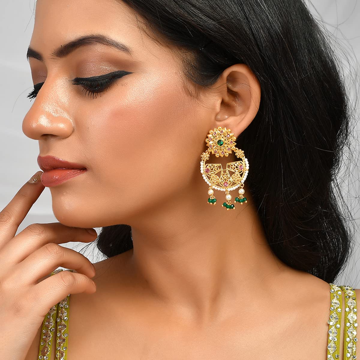 Abharan Green Stones and Pearls Earrings