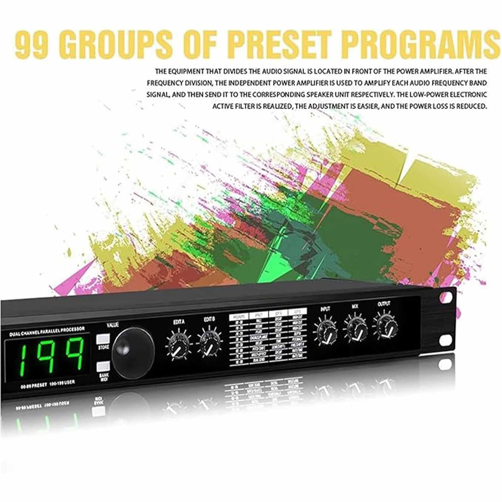 Professioneller Audio-Prozessor-Equalizer – 24-Bit Digital Reverb DSP mit 99 Voreinstellungen und 199 Soundeffekten