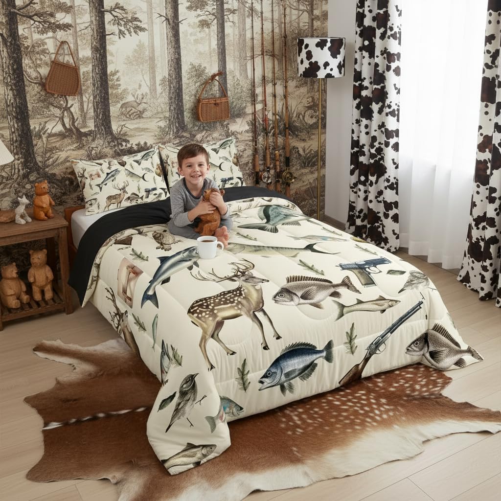 Erosebridal Hunting and Fishing Queen Bedding Set,Deer Hunting Comforter Set for Kids Boys Men,Big Bass Pike Fish Comforter,Rustic Cabin Lake House Bedroom Room Decor,2 Pillowcases Breathable