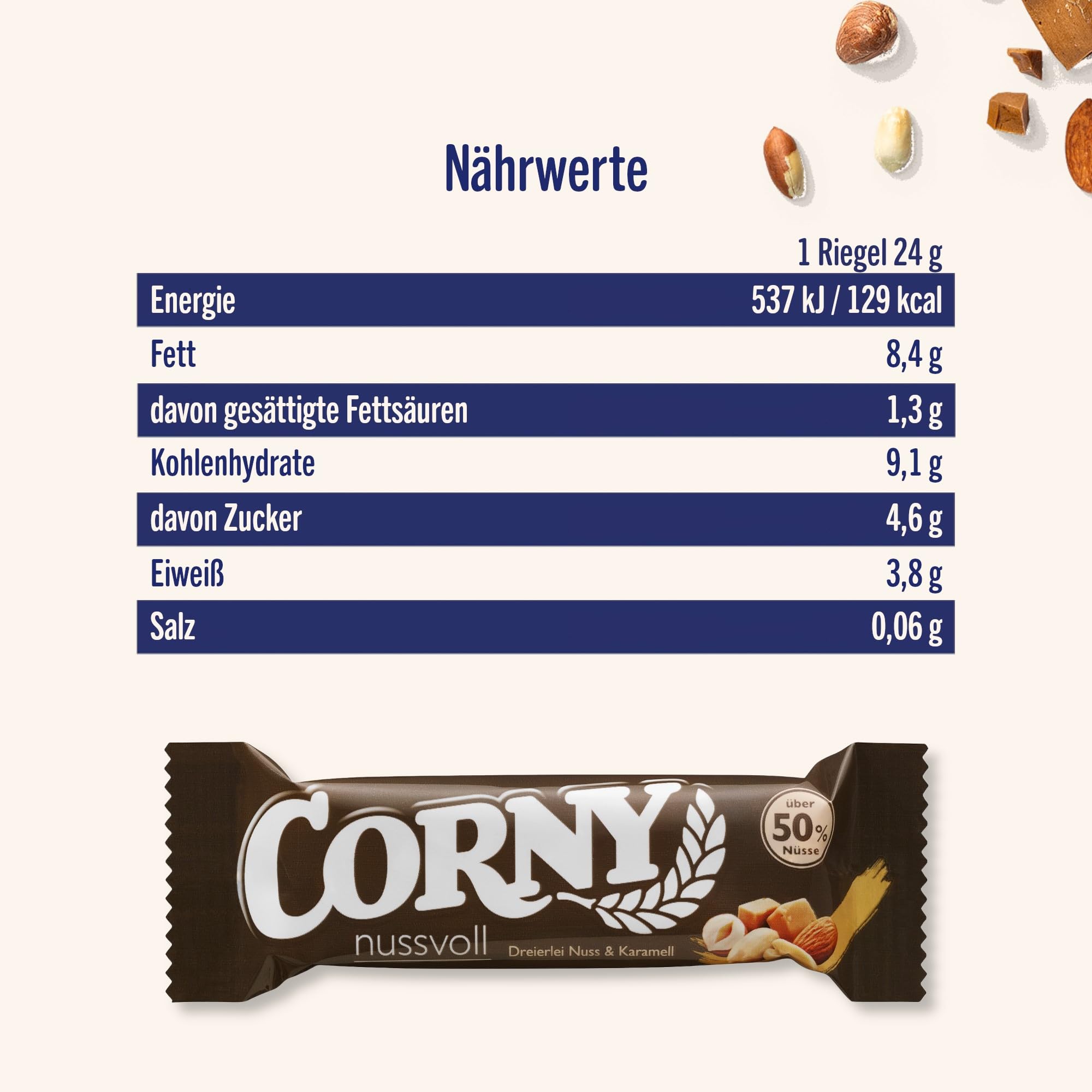 Nussriegel Corny Nussvoll Dreierlei Nuss und Karamell, mit Erdnuss, Mandel und Haselnuss, 40x24g