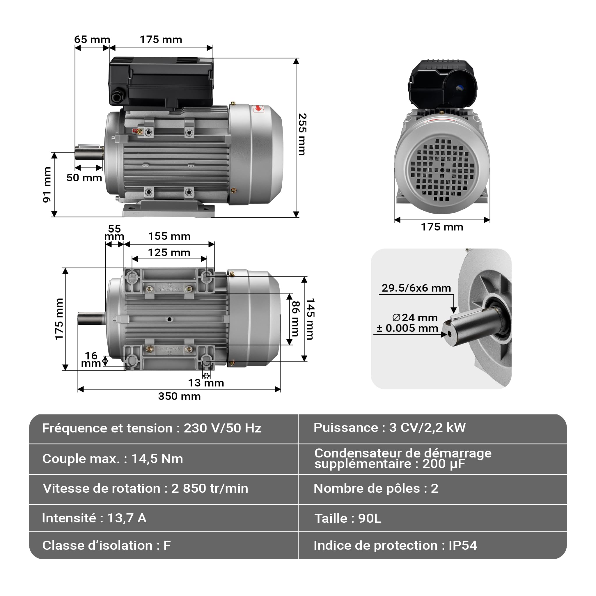 Wiltec Moteur électrique monophasé 2 pôles – 230 V, 2,2 kW (3 CV), 2850 tr/min – avec Condensateur de démarrage et Bobinage en aluminium – Moteur asynchrone