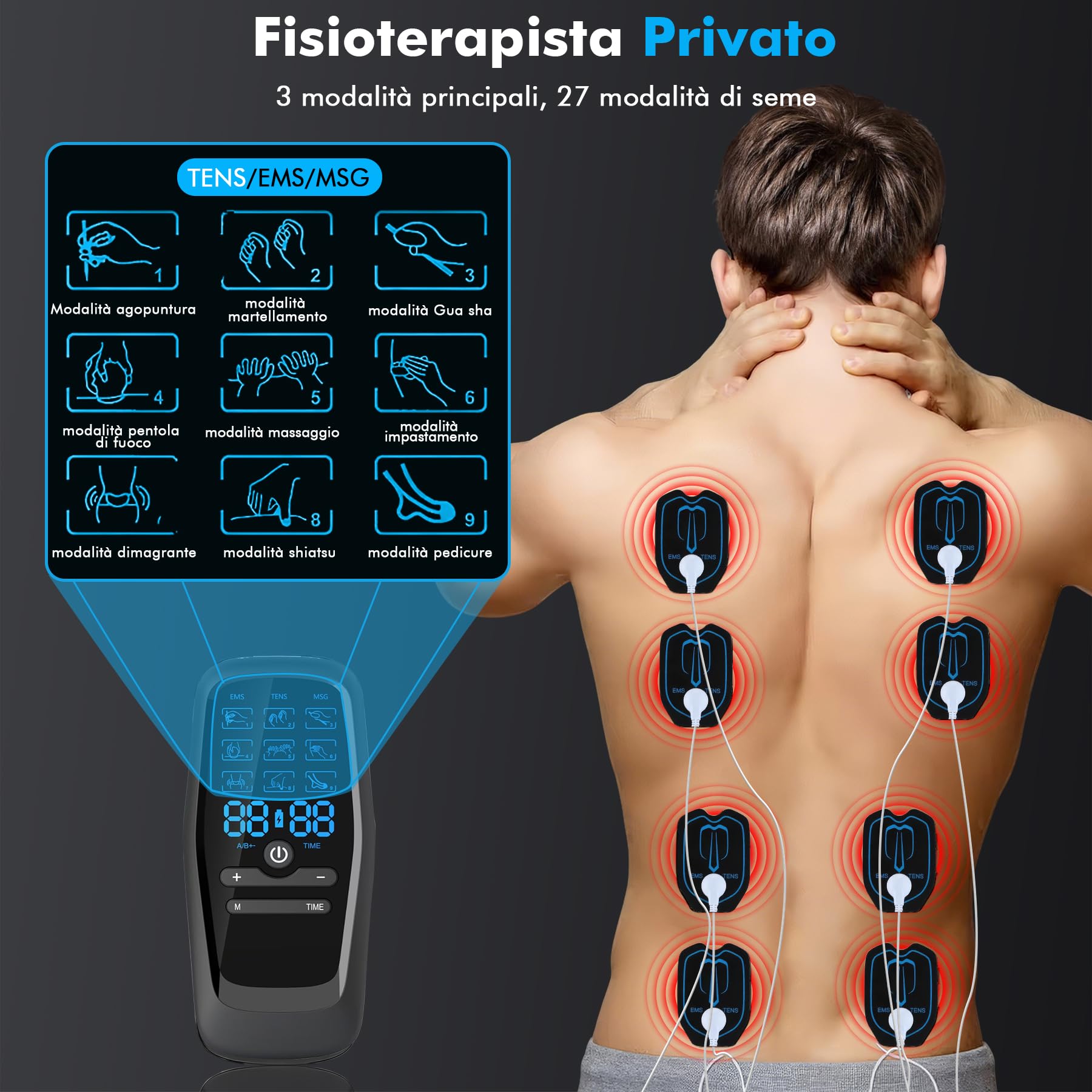 Elettrostimolatore Muscolare, 3 in 1 TENS/EMS/Massage Elettrostimolatore Professionale, Con 27 modalità e 30 intensità, 2 Channels 8 elettrodi