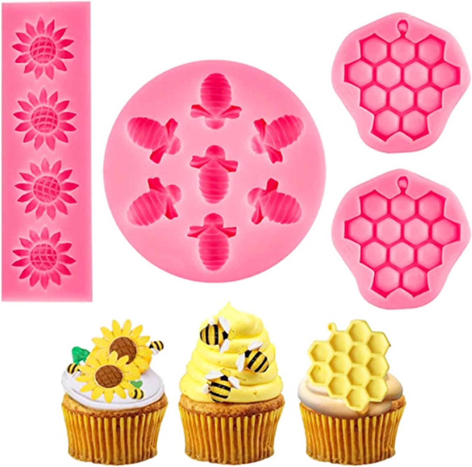 Bee Silicone Mold & Honeycomb Mold Set, 4 Pcs Bumble Bee Sunflower Fondant Molds for Cake Decorating, Chocolate, Candy, Resin Crafts - Food Grade Baking Mold Kit