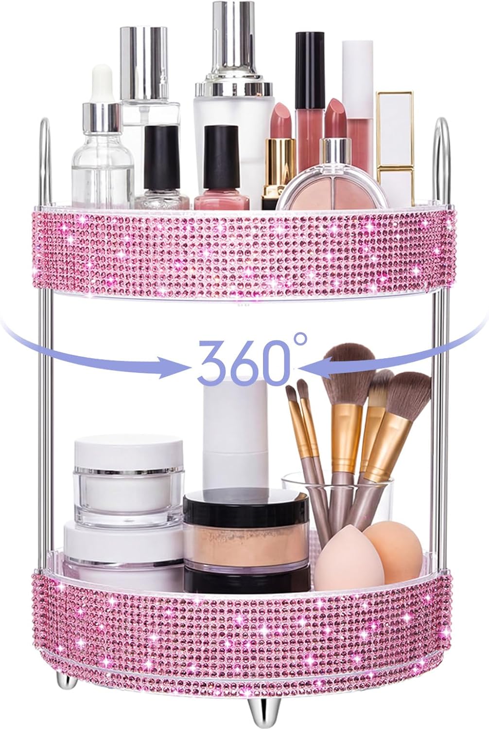 Honeydak 360 Rotating Perfume Organizer for Mother Day Nurse Day Rhinestone Bathroom Counter Organizer Makeup Holder Skincare and Perfume Storage for Cosmetic Countertop(2 Tiers,Resin Stone,Pink)