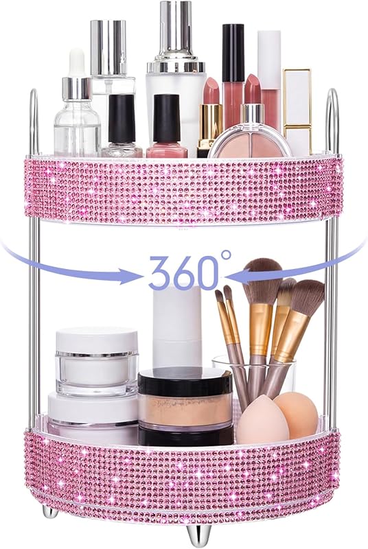 Organizador giratório para maquiagem Honeydak, 2 níveis, diamante de resina, rosa