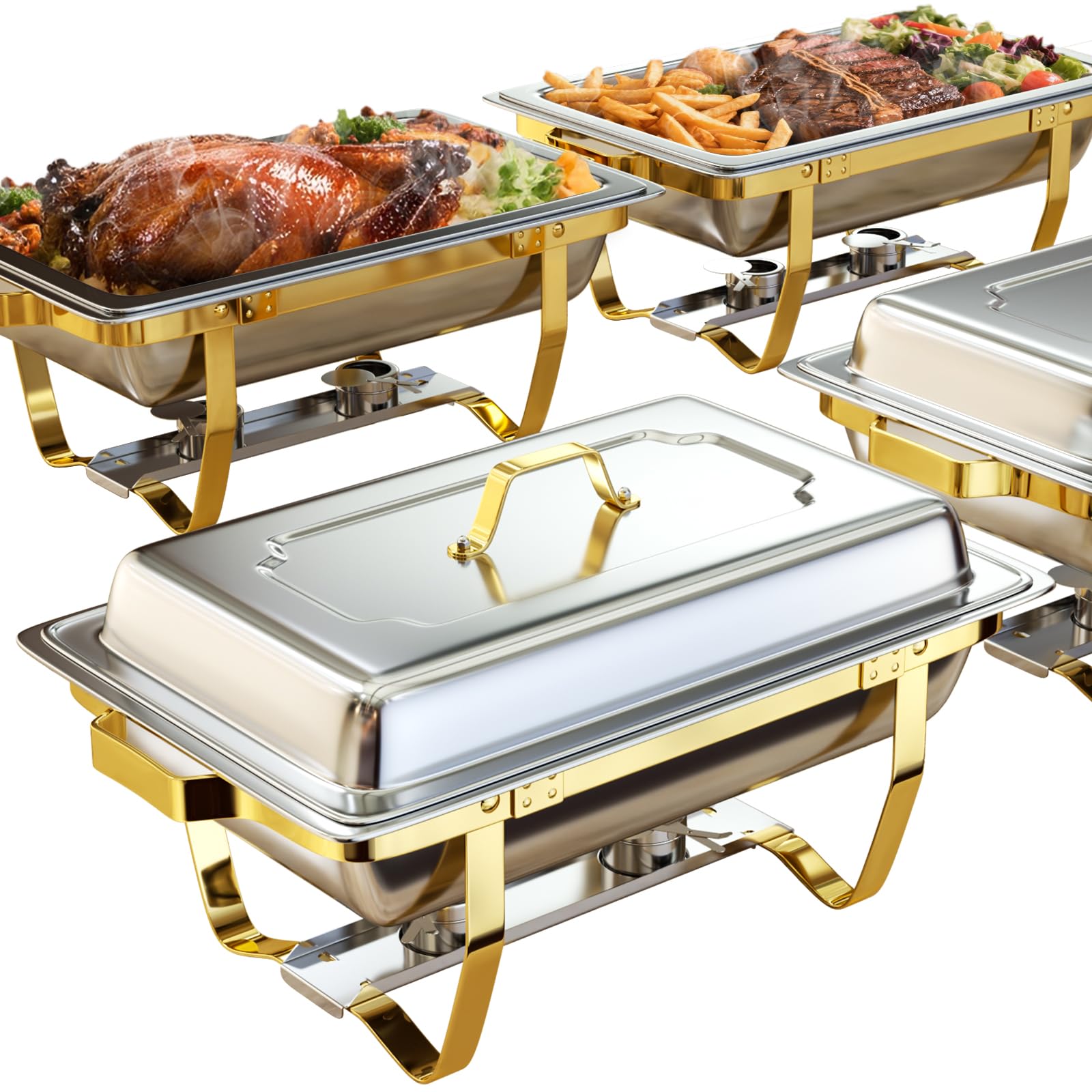 4-teiliges Chafing Dish Buffet Set | Edelstahl Warmhaltepfannen | Gold & Silber