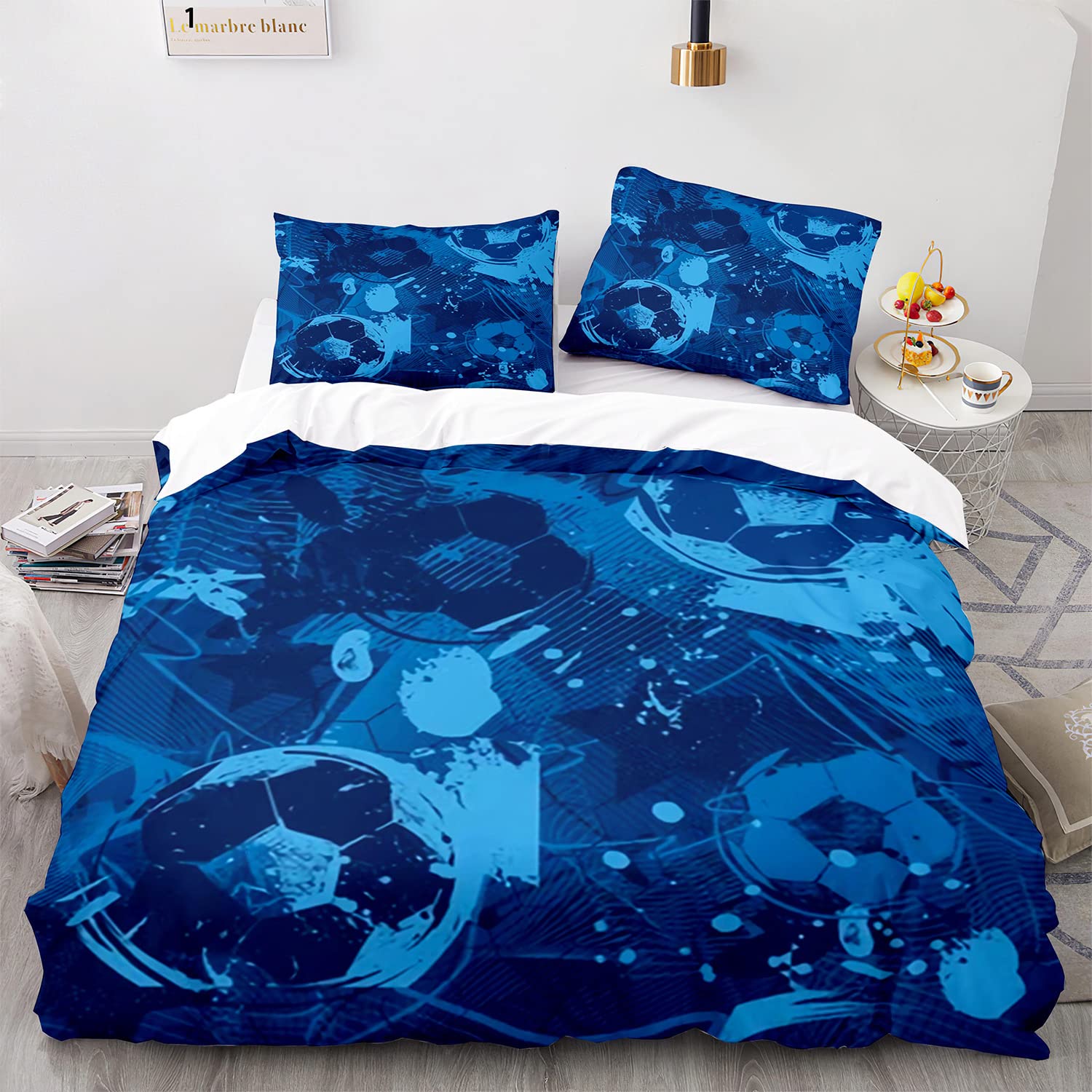 Homemissing Voetbal Beddengoed Set Voetbal Bal Patroon Hoeslaken voor Kids Meisjes Kinderen Jongens Sport Thema Bed Laken Set Kamer Decor Competitieve Games Bed Cover Dubbele Size 3 Stks