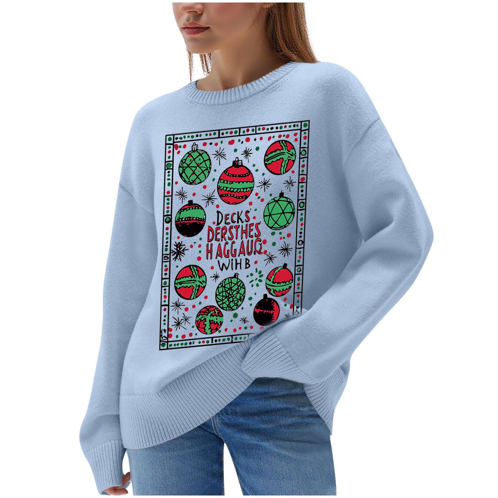 Suéteres de Navidad para mujer, suéteres de manga larga para otoño e invierno, suéteres de Navidad para mujer, punto acanalado, cuello redondo, casual, suelto, talla grande, sudaderas divertidas con
