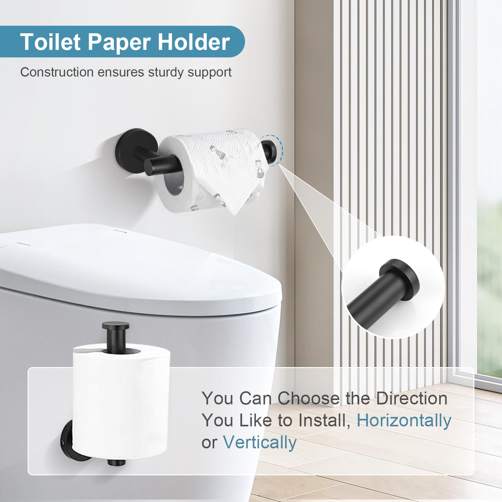 TQKAG 5-Piece Matte Black Bathroom Hardware Set - SUS304 Stainless Steel, Towel Bar, Toilet Paper Holder With Shelf