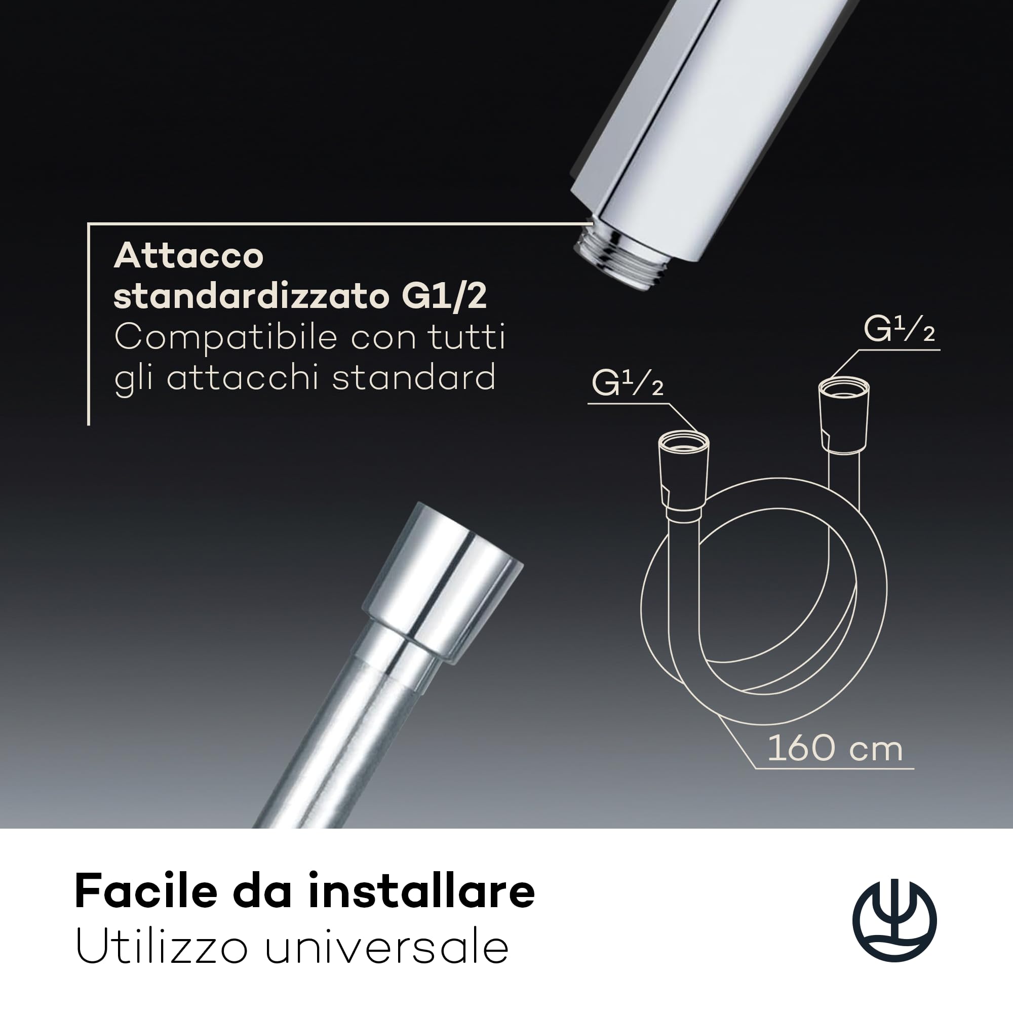 KLUDI-X3 tubo doccia universale 1,60 m, facile da pulire, flessibile doccia con doppia protezione antitorsione, resistente al kink, attacco standard, tubo flessible doccia cromo