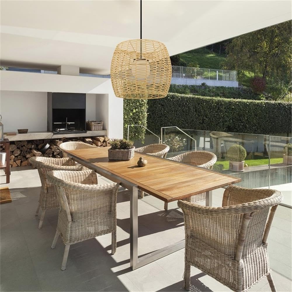 BOWERY HILL Modern Aluminum LED Outdoor Pendant, 24-Inch, Black Finish, Weather-Resistant Rattan Design, Etched Opal Glass, 5-CCT Dimmable, Wet Location Rated for Patio or Exterior Decoration