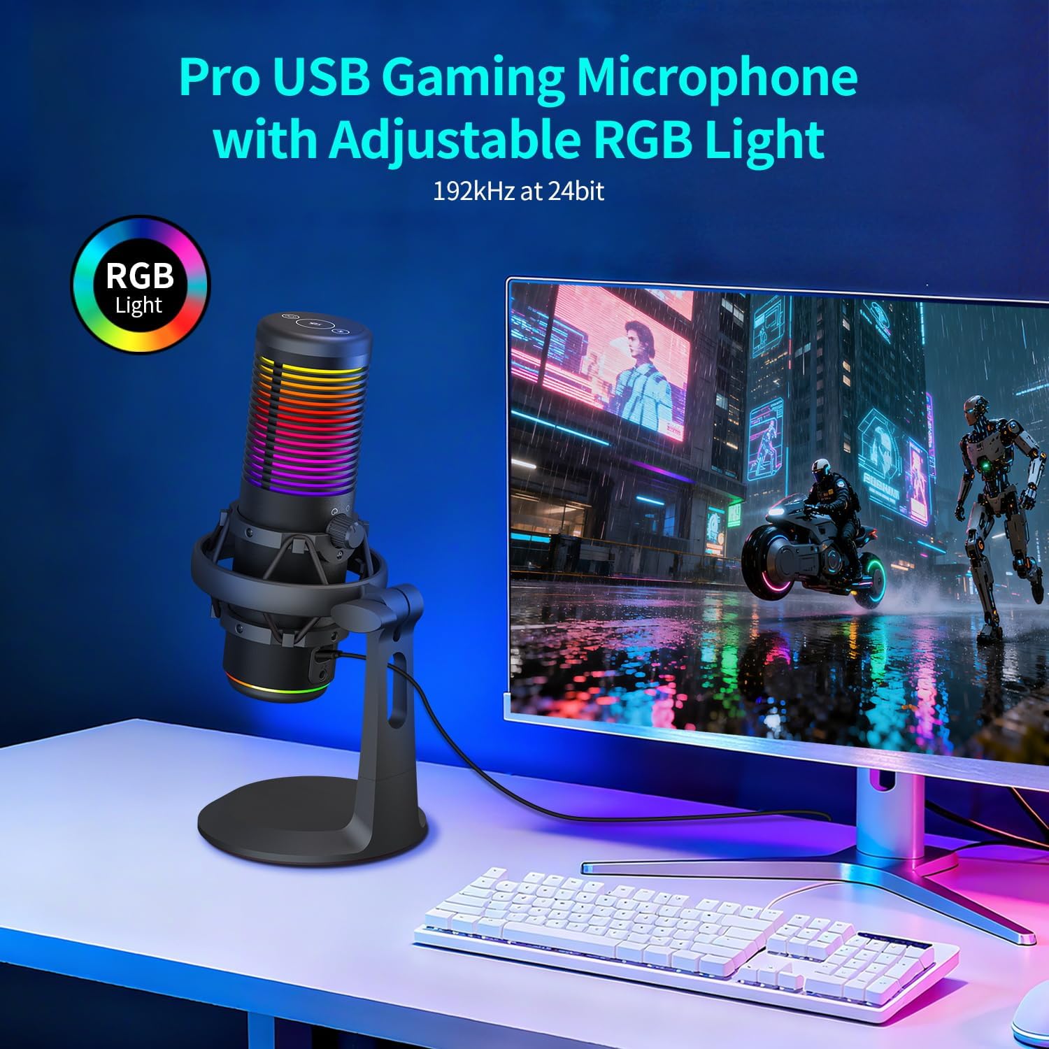 TOALLIN CM20P - USB Condenser Microphone with RGB Lights for Gaming, Streaming, Podcasting, Recording, 192kHz/24Bit, Noise Canceling & Volume Adjustable, Compatibles with Laptop/PC/Tablet/Phone, Black