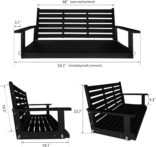 Miniatura 7 de Columpio de madera para porche, asiento ergonómico, columpio de banco con cadenas para colgar y resortes de 0.276 in, resistente, 880 libras, para