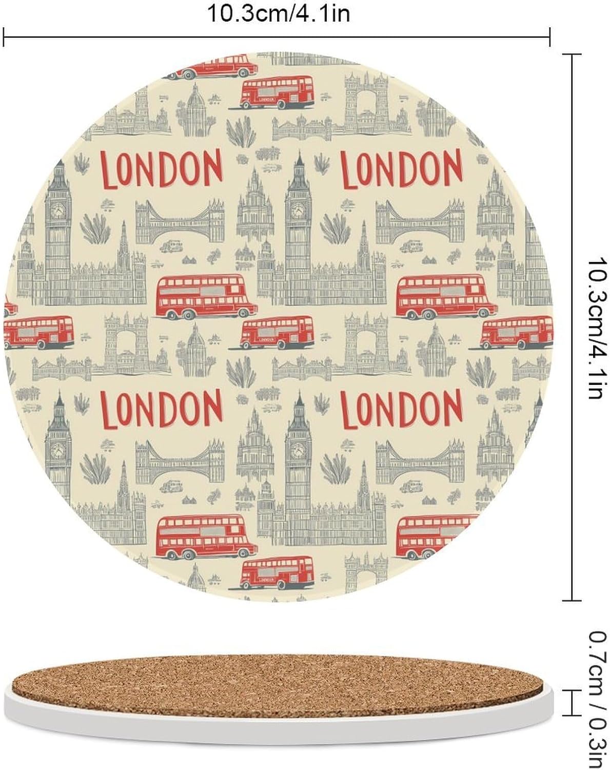 London English Round Ceramic Coasters Print Drinks Absorbent with Cork Base for Home Decor Gifts 4 Inch