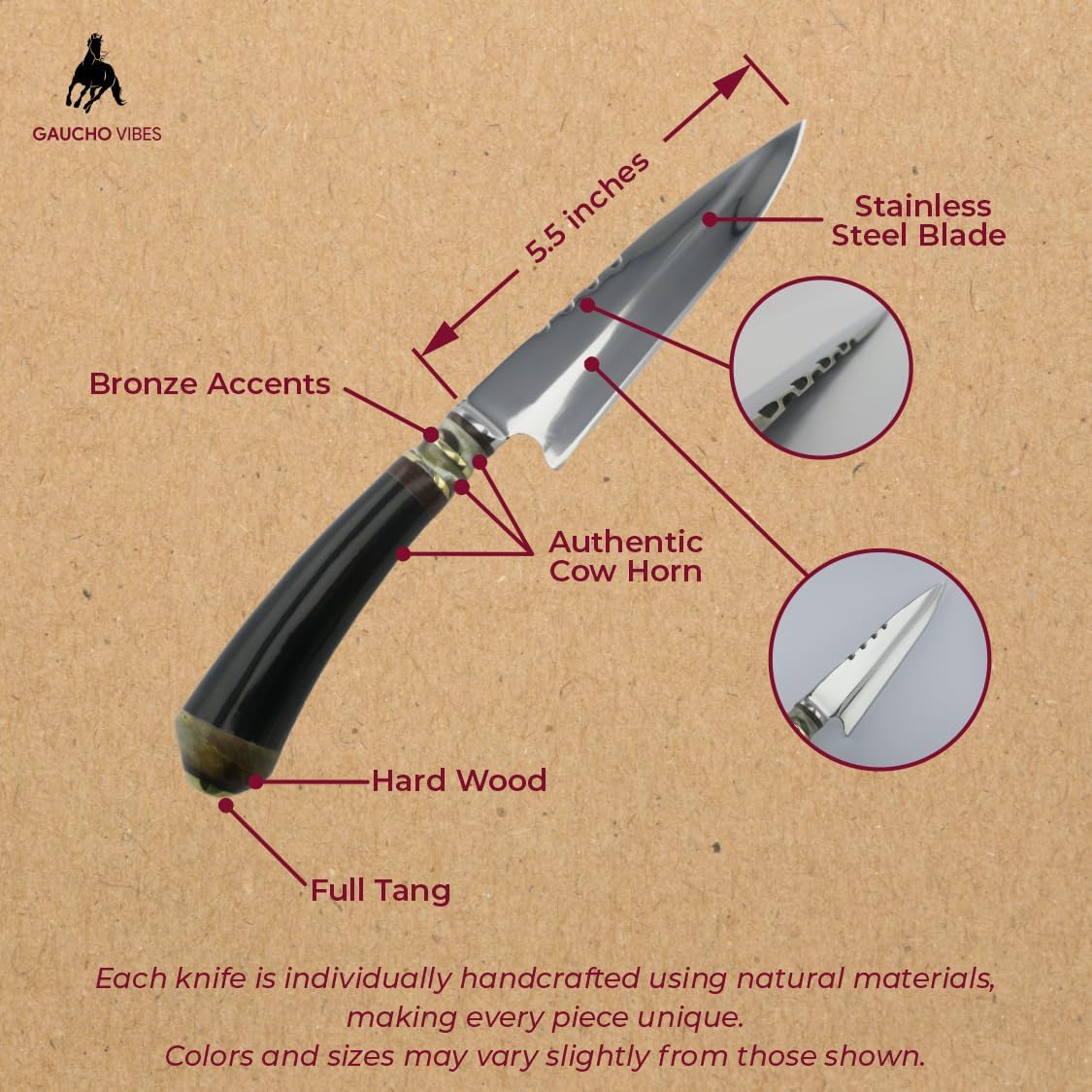Handcrafted Argentine Gaucho Knife - 5.5" Stainless Steel Blade with Cow Horn, Hardwood, and Bronze Handle (Mixed)