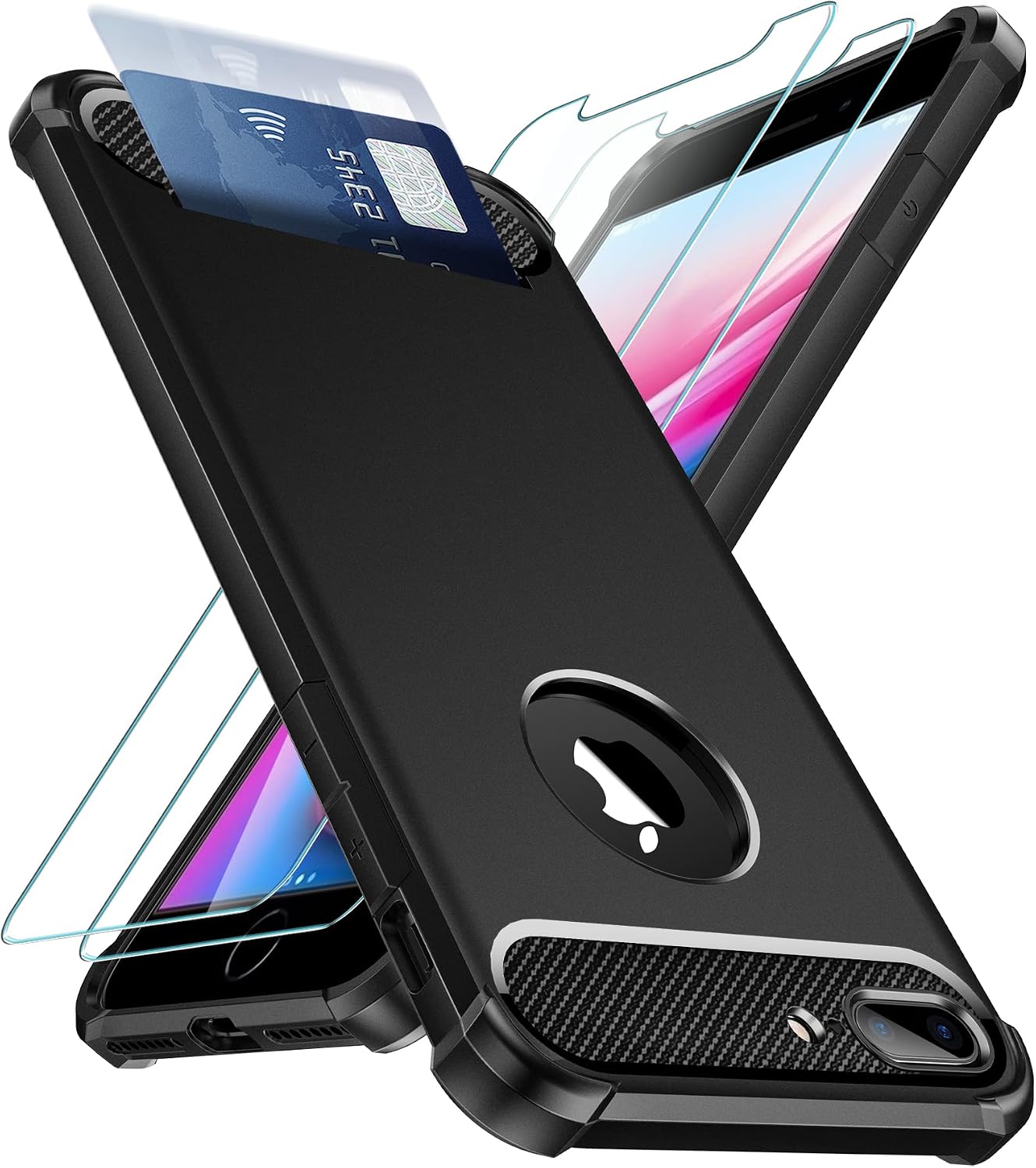 iPhone 8 Plus Cases,SUPBEC iPhone 7 Plus Wallet Case with Card Holder and Screen Protector [2 Pack],Soft-Touch Silicone Full Body Slim Shockproof Protective iPhone 8 Plus Phone Case,5.5'',Black