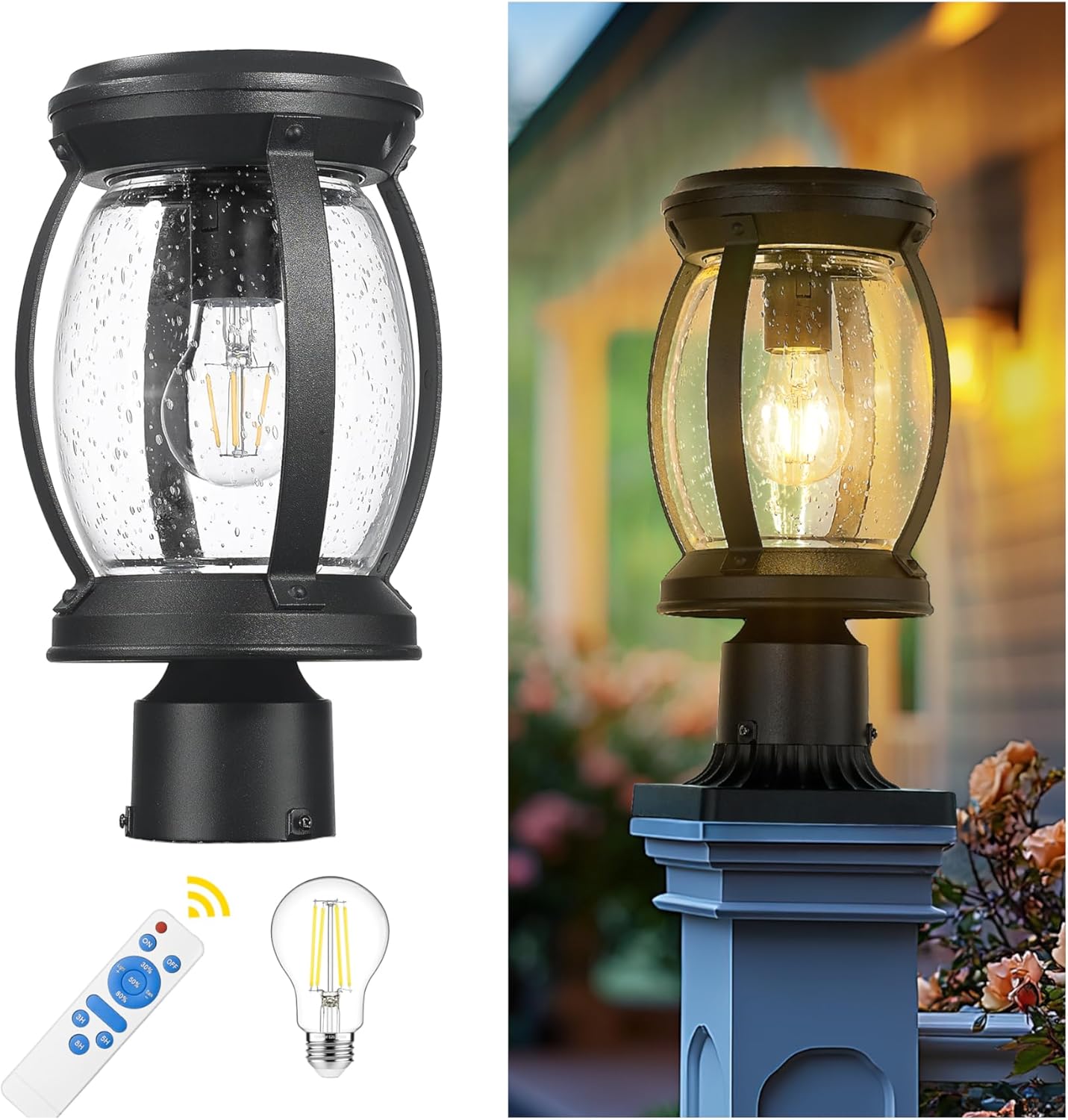 Emliviar Exterior Solar Pillar Light Warm White, Matte Black LED Solar Post Column Lamp for Garden Yard Landscape, Die Cast Aluminum with Clear Glass, YXE303P-SL BK