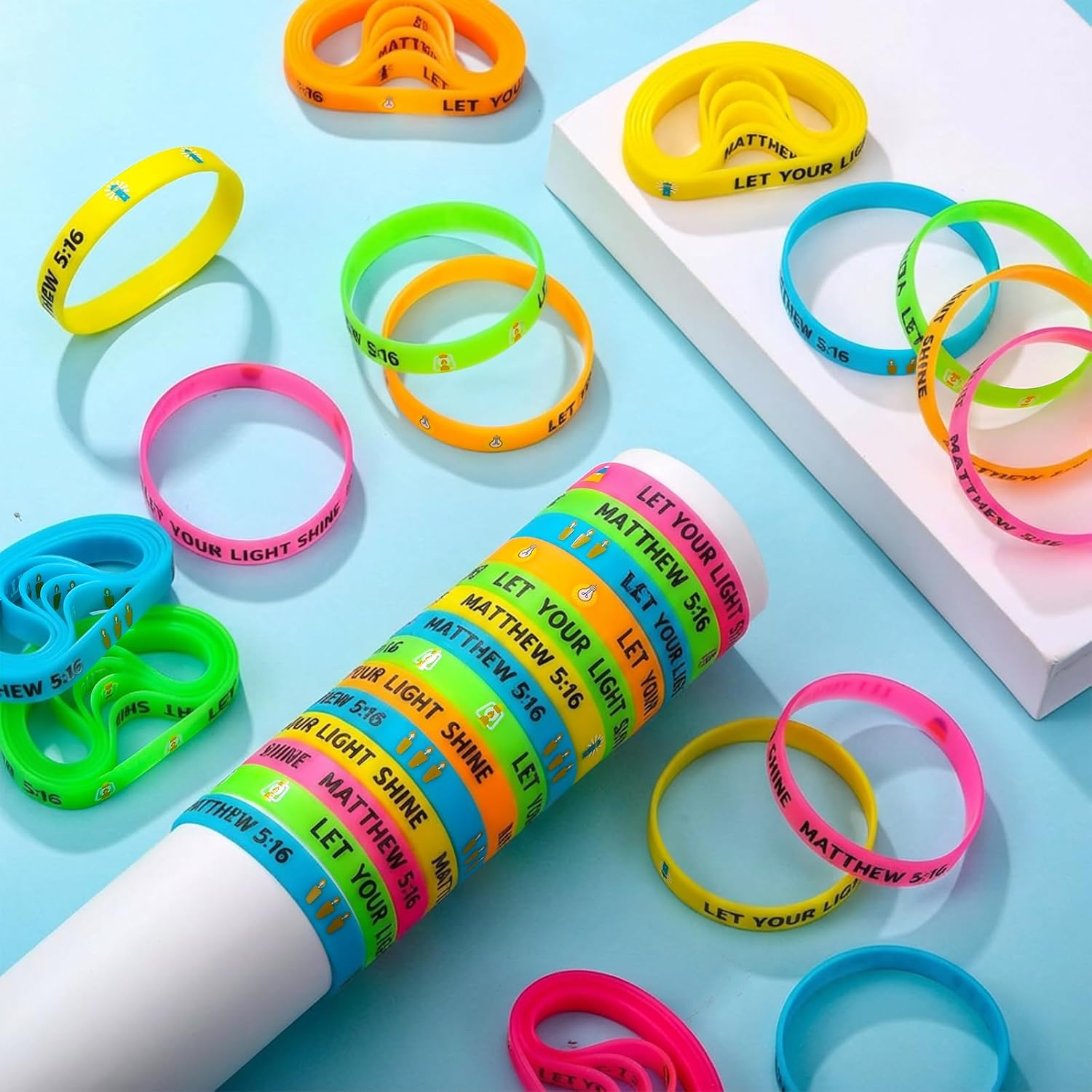 100 Pcs Let Your Light Shine Bracelet Vbs 2026 Illuminate themed Gifts Glow in The Dark Wristband, Matthew 5: 16 Silicone Wristband Bible Verse Bulk for Church Sunday School Party Favor