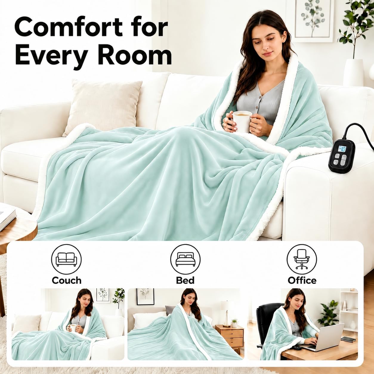 Electric Heated Blanket Full Size 72" x 84", Soft Flannel Heating Blanket for Bed, Sofa, Bedroom, 10 Heat Settings, 1-12H Auto Shut Off, Overheat Protection, Machine Washable, Light Green