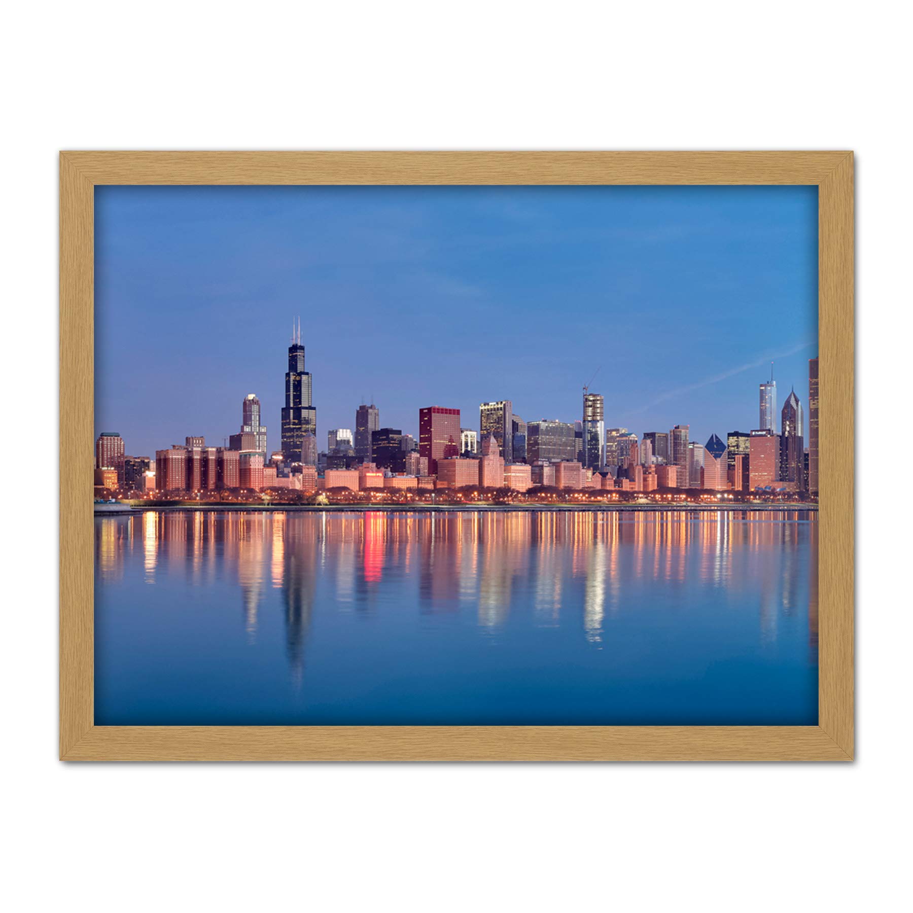 Schwen Chicago Skyline Sunrise Reflection Panorama Photo Artwork Framed Wall Art Print 18X24 Inch