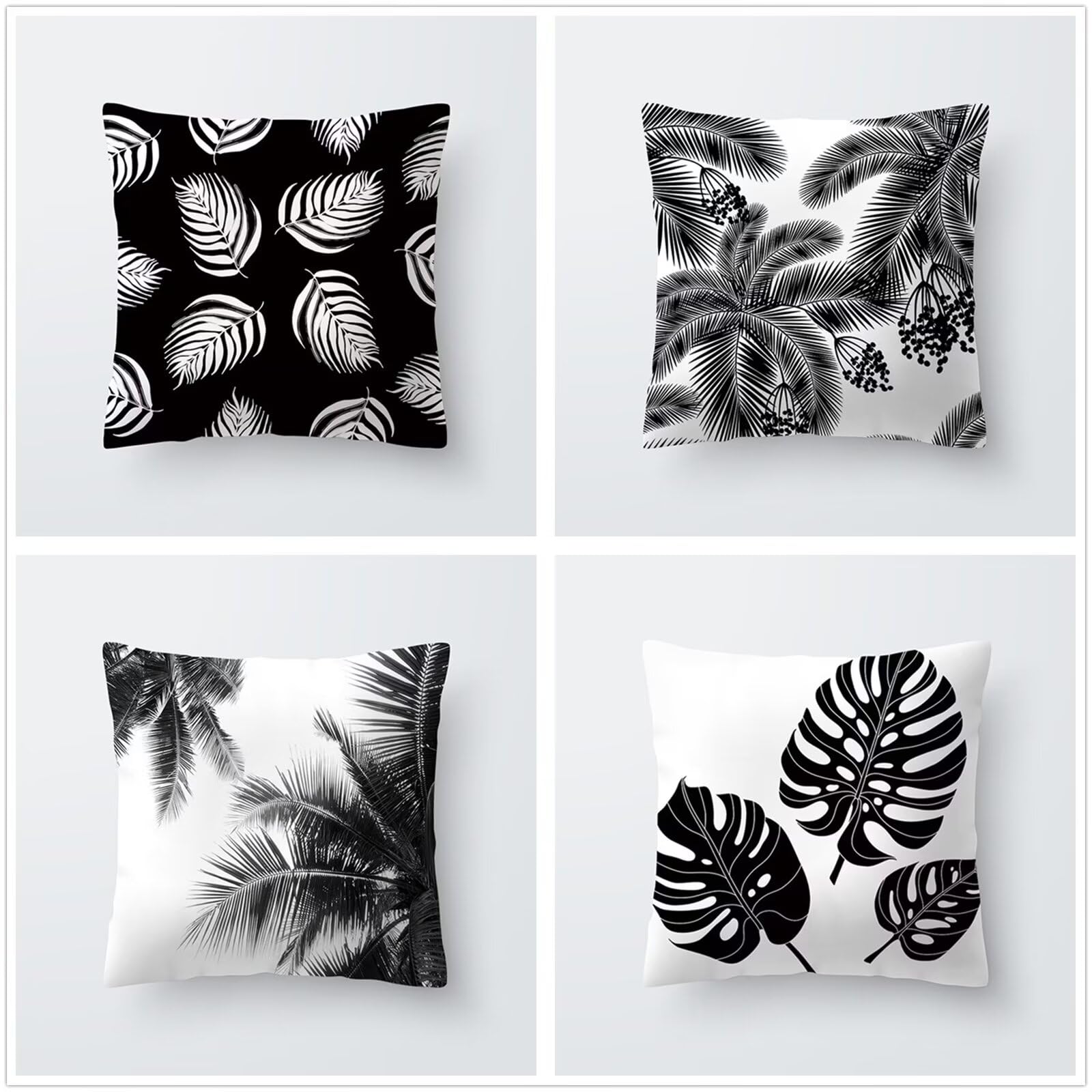 Housses de Coussin,Feuilles Noires Oreiller 50x50cm Lot de 4 Carré Double Face Lin Decoration Coussin avec Fermeture éclair Invisible pour Patio Jardin Salon Chambre Décoration P1-181