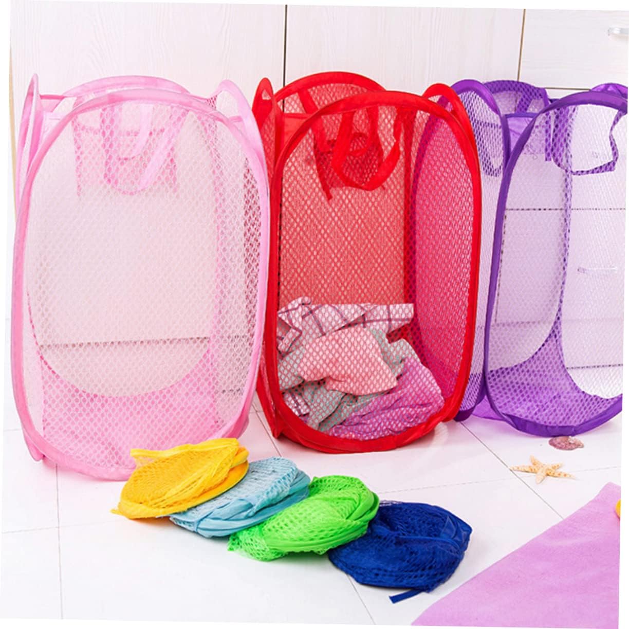 GLEAVI Foldable Mesh Laundry Basket with Easy Open Pop Up Design Breathable Dirty Clothes Hamper with Side Pocket and Handles Lightweight Collapsible Storage for College Dorm Small