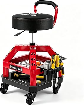 Rolling Shop Stool with Wheels, Heavy Duty Garage Work Mechanic Stool with Backrest, Adjustable Height 360Swivel Rolling Chair with Tool Tray Storage, 330 LBS Capacity, Red