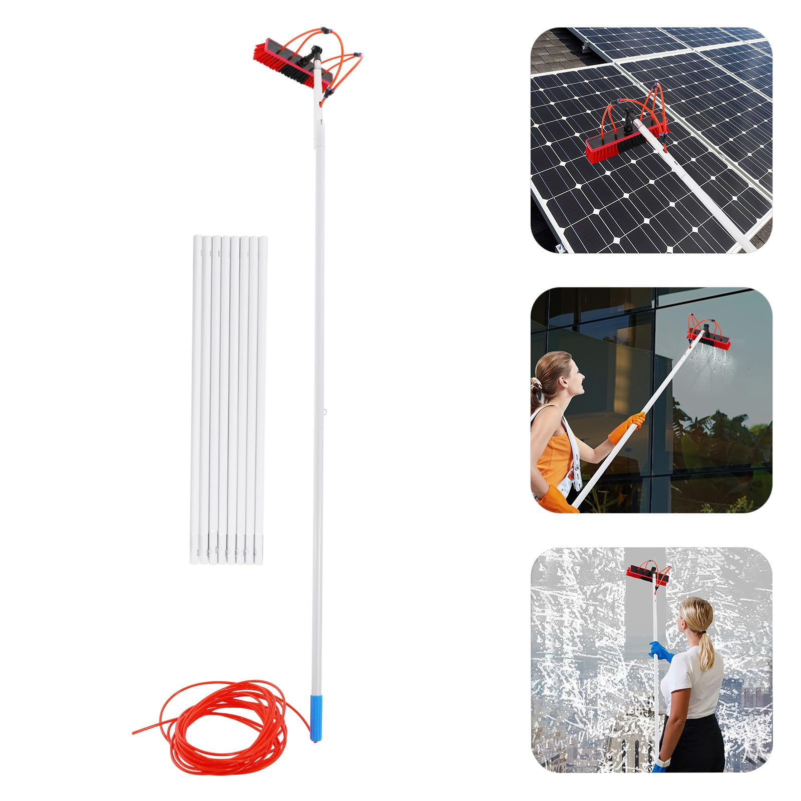 WooDerson Juego de cepillos de limpieza para panel solar, dispositivos de limpieza de ventanas, barra de suministro de agua ajustable, cabezal giratorio de 180 ° (tamaño del cabezal del cepillo: 35 x