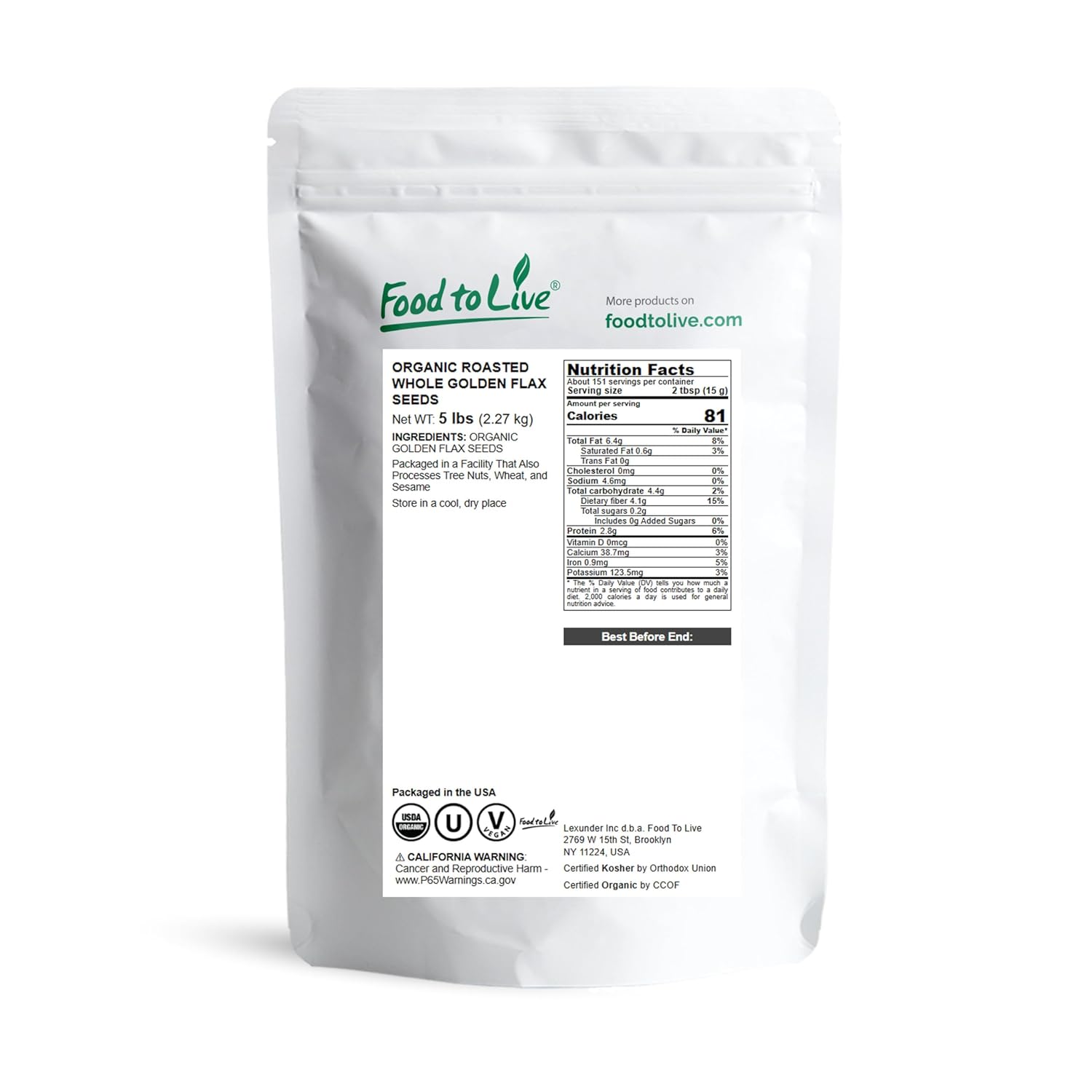 Food to Live Organic Dry Roasted Whole Golden Flax Seeds, 5 Pounds – Oven Toasted, Non-GMO, Great for Smoothies, Salads, Granola and Baked Goods. Vegan, Kosher, Bulk