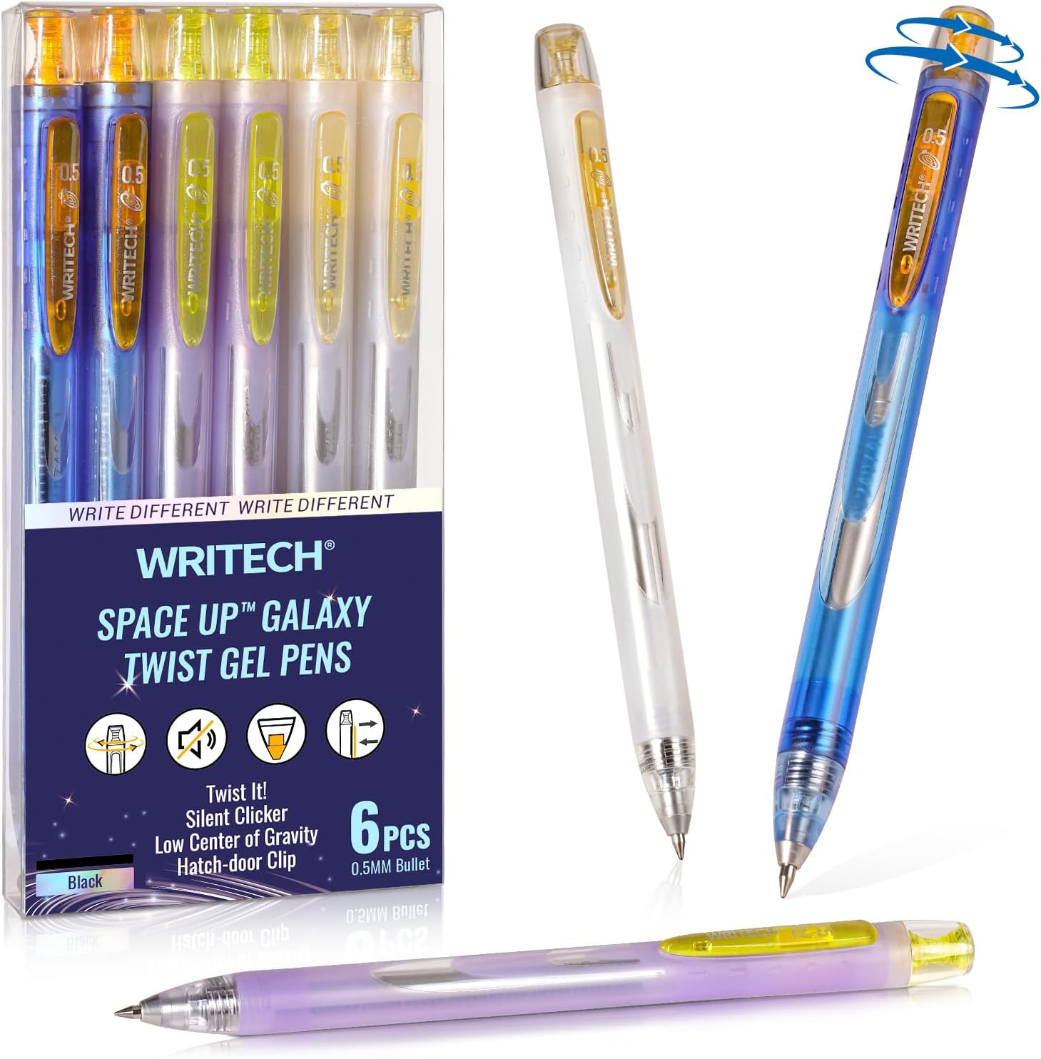 Twist Gel Ink Pens: Fine Point 0.5mm Black ink 6ct Low Center of Gravity Rotatable Pen No Smear Silent Click Space Up Gel Galaxy