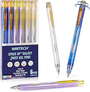 Twist Gel Ink Pens: Fine Point 0.5mm Black ink 6ct Low Center of Gravity Rotatable Pen No Smear Silent Click Space Up Gel Galaxy