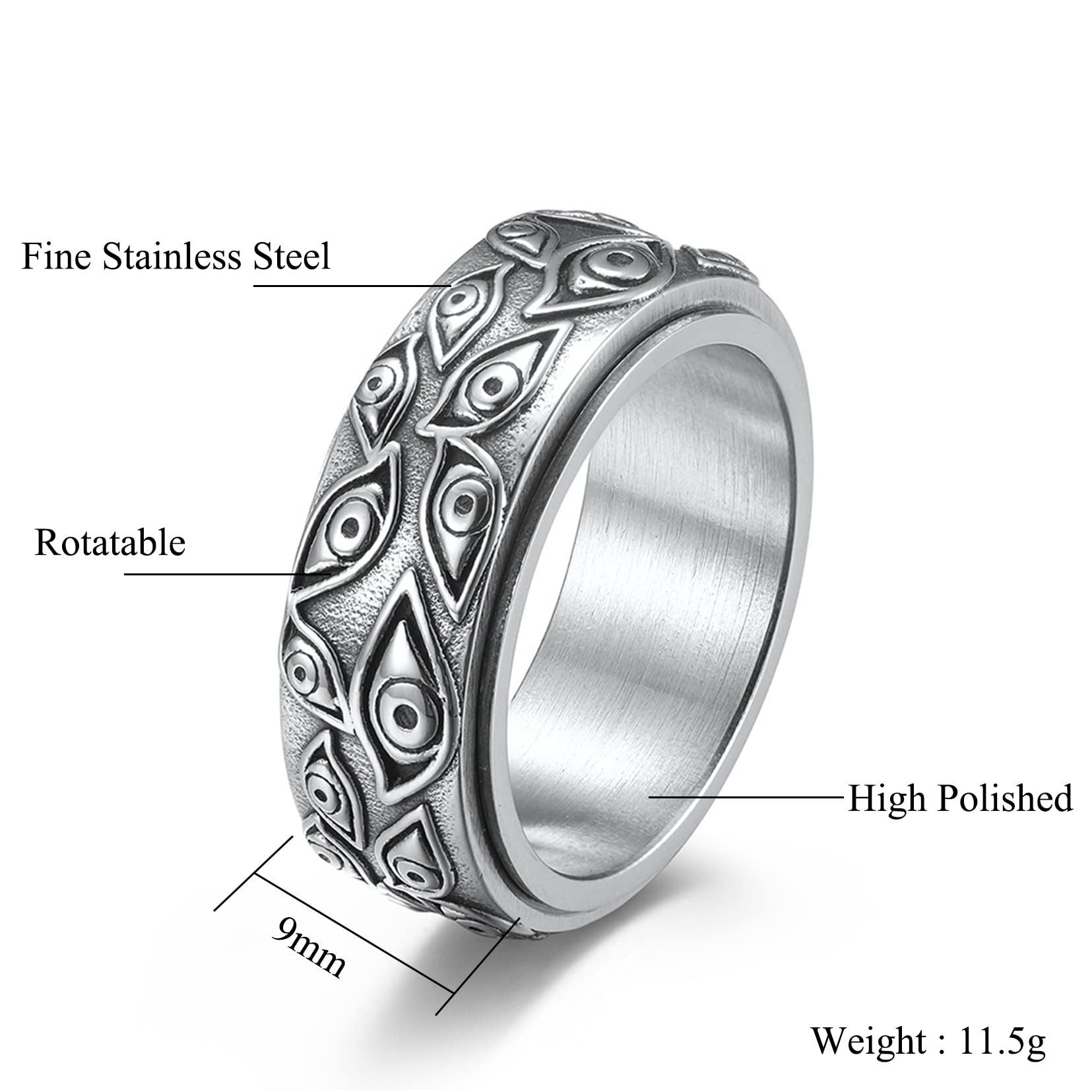 Böses Auge Ring, Edelstahl Drehbarer Böses Auge Ring Auge Gottes Band Ring Cool Böses Auge Angst Ring for Männer Damen
