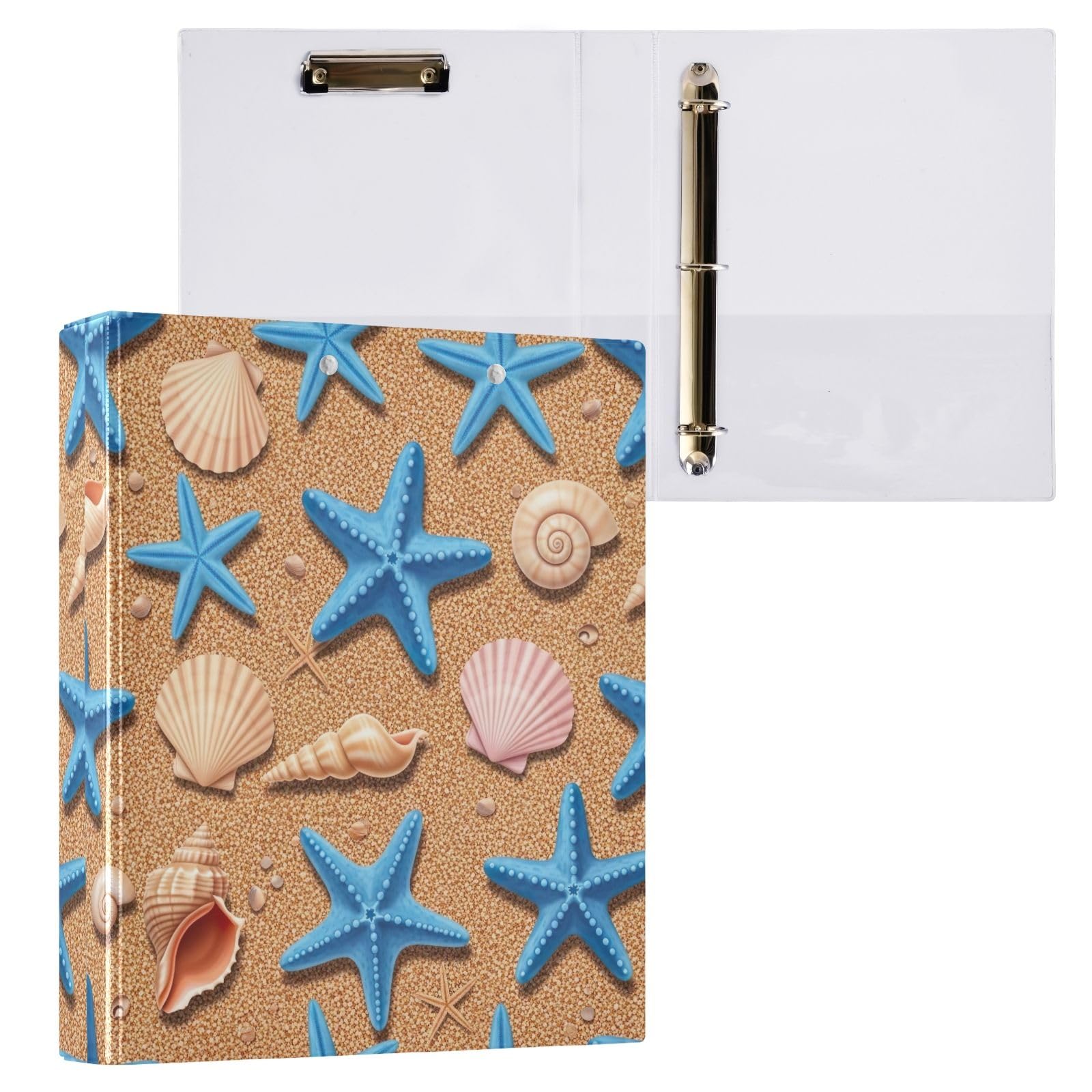 Confezione da 2 raccoglitori ad anelli a D con 3 tasche grandi, motivo stella marina blu, per scuola, università, ufficio
