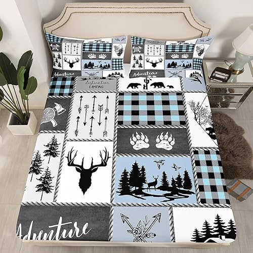 Miniatura 4 de Deer Bear - Juego de sábanas para niños, tamaño individual, juego de ropa de cama rústica de aventura de caza para niños, niñas y adultos,