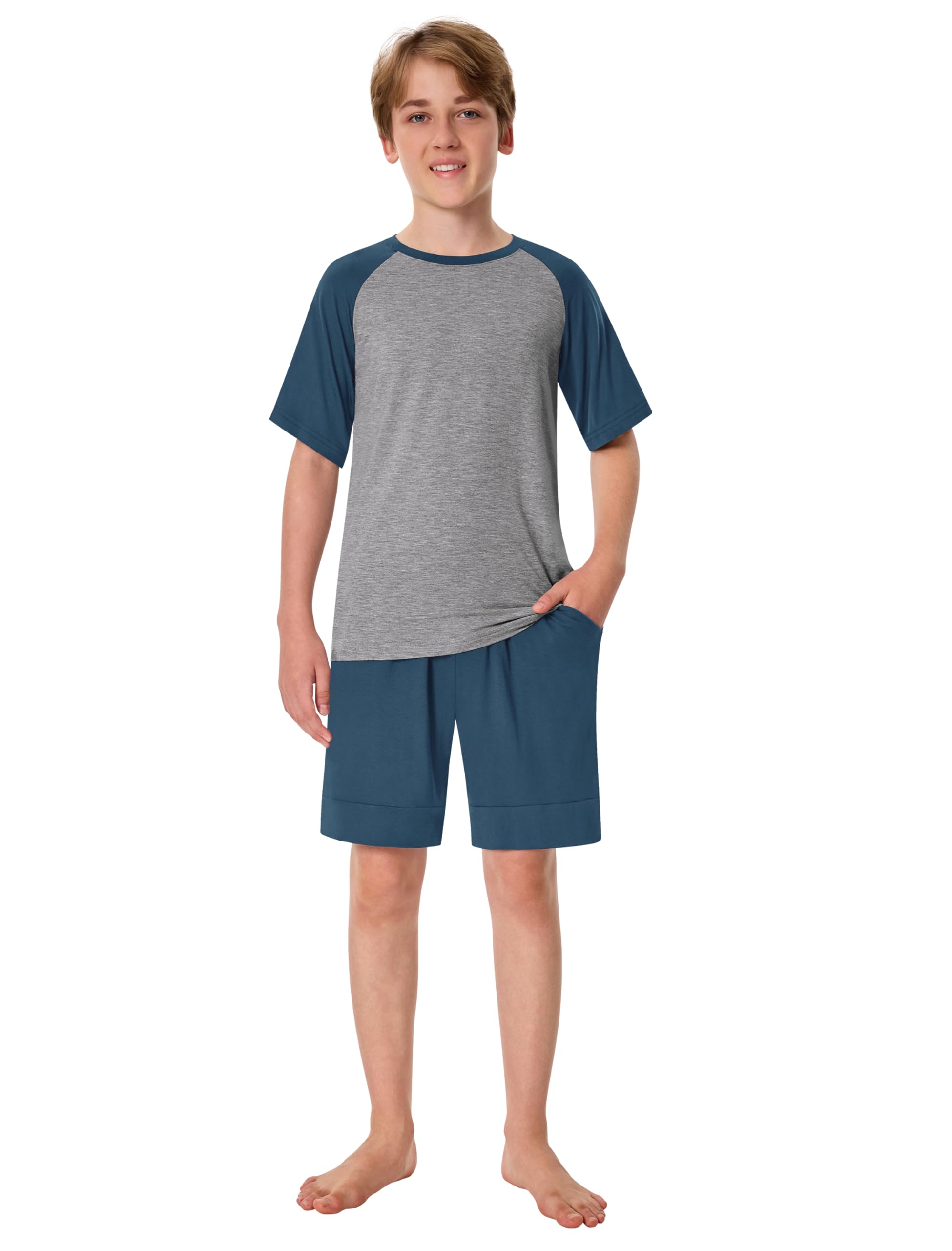 MoFiz Pijama Niños Suave Verano Conjunto de Dos Piezas Camiseta y Pantalones Cortos con Bolsillos Ropa de Dormir 8-18 Años