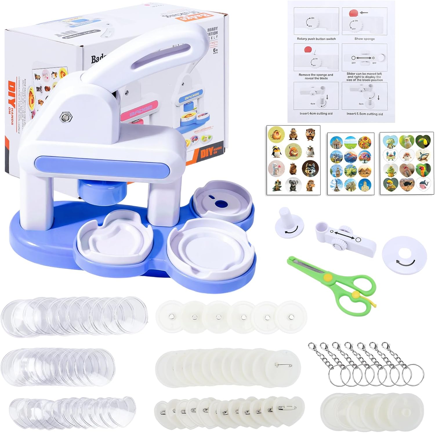 Button Maker Machine with 2 Sizes, 80Pcs DIY Badge Maker & Pin Maker Machine Kit, Craft Supplies for Making 55mm & 35mm Buttons, Arts and Crafts Gift (Blue)