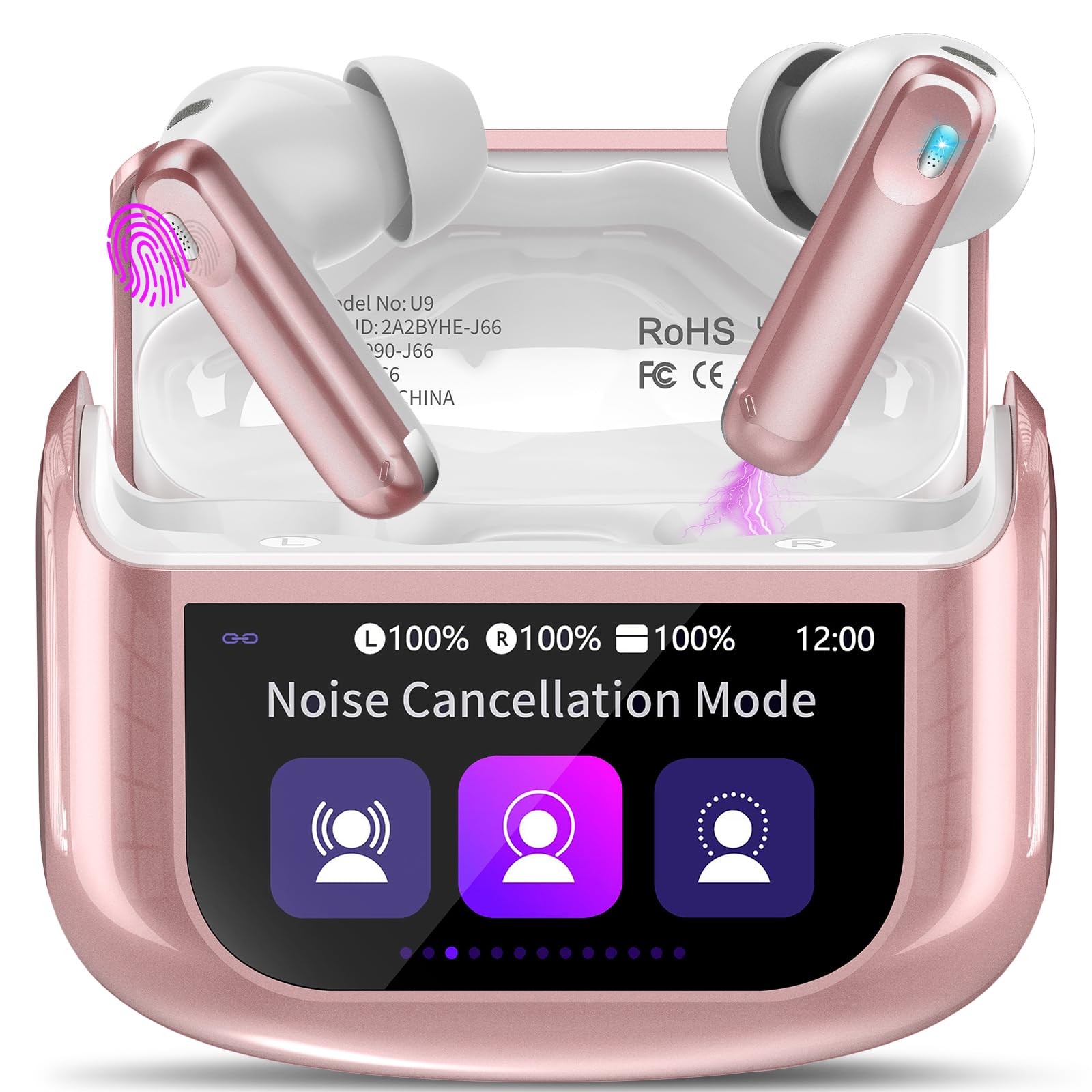 Wireless Earbuds, Bluetooth 5.4 Headphones with Multifunctional Touch Screen, 48H Bass Stereo Ear Buds with ANC/ENC Noise Cancelling/Transparency Mode, IPX7 Earphones with 5 EQ Modes, Rose Powder