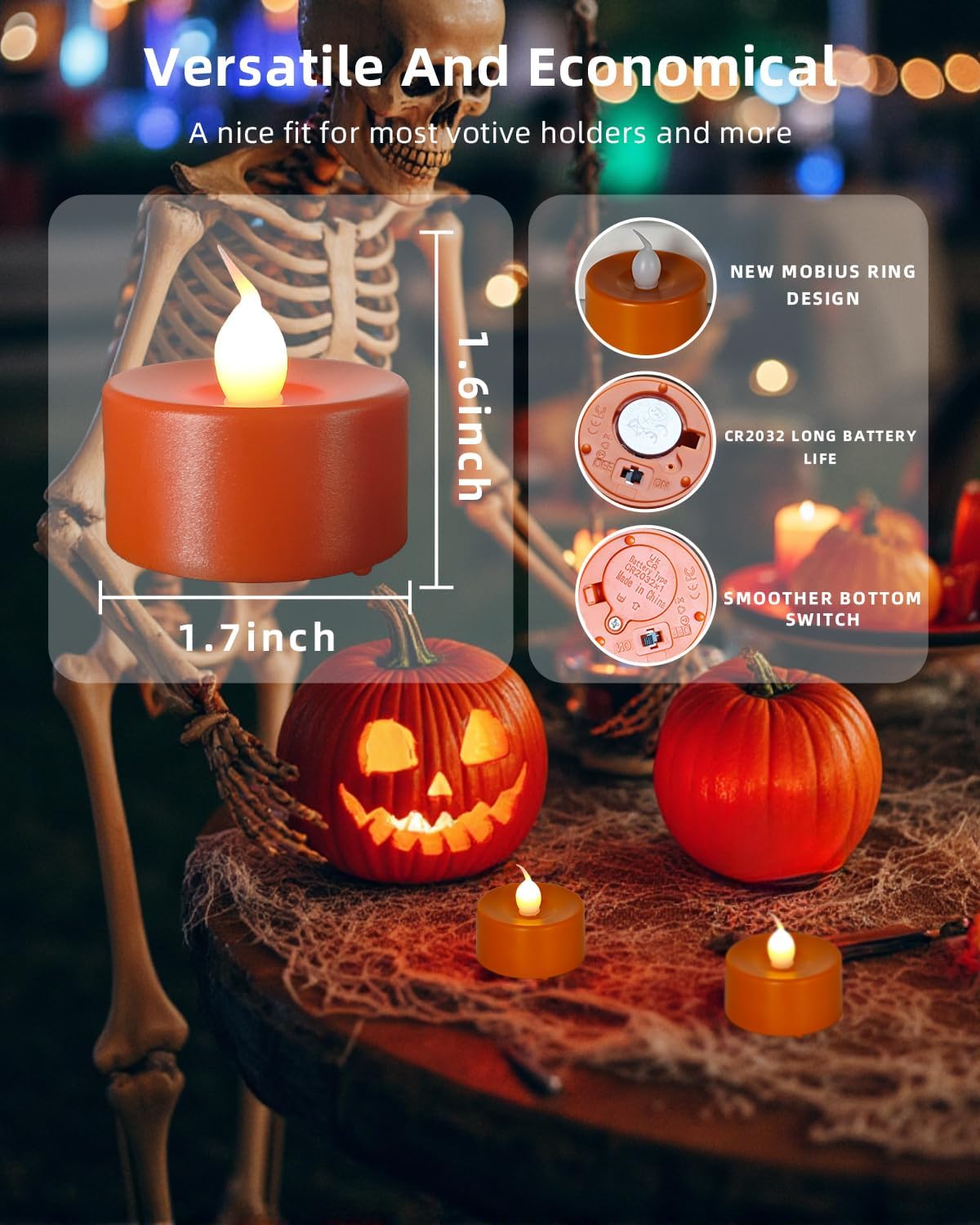 Orange LED Tea Lights, 12 Pack, 1.7"x1.6"