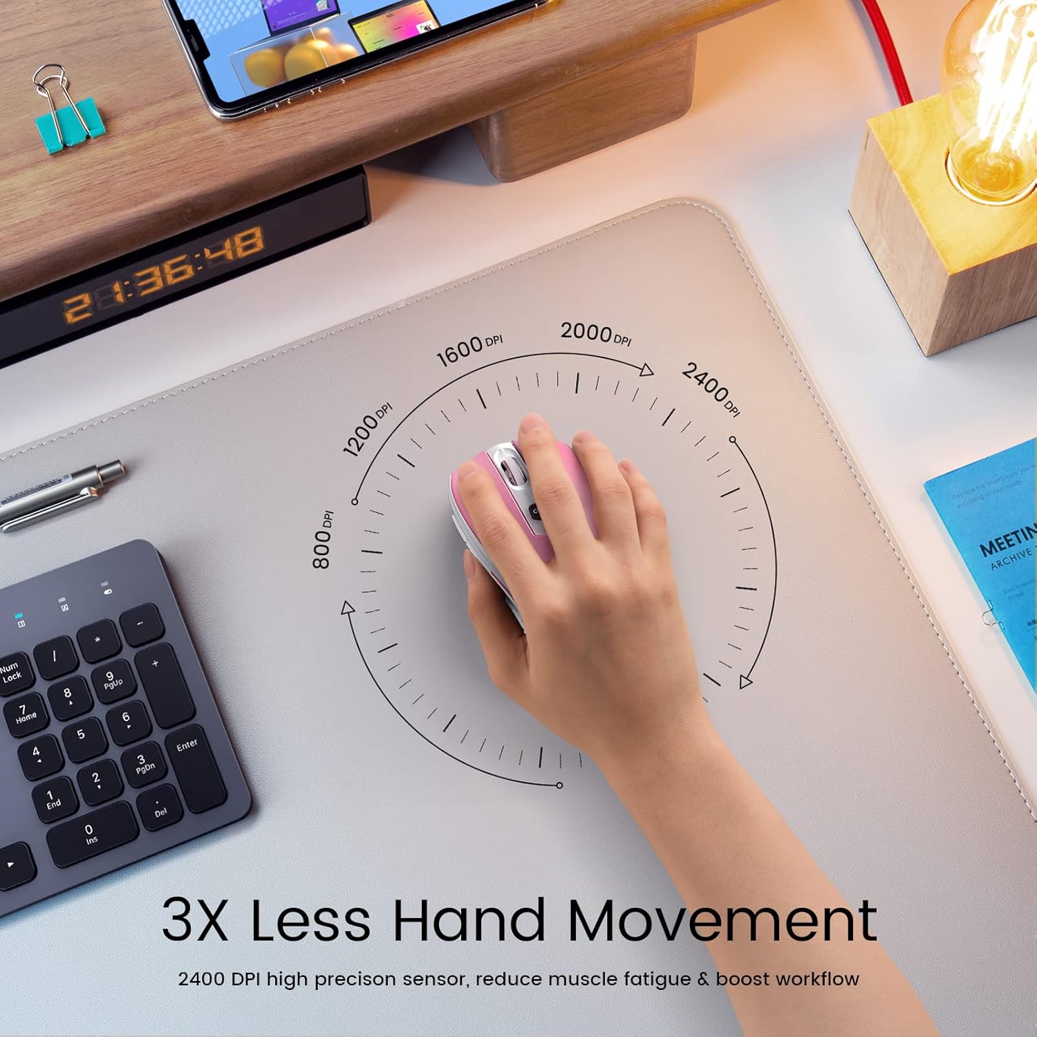 Hand on HOTWEEMS D-09 Wireless Mouse, showing DPI settings from 800 to 2400