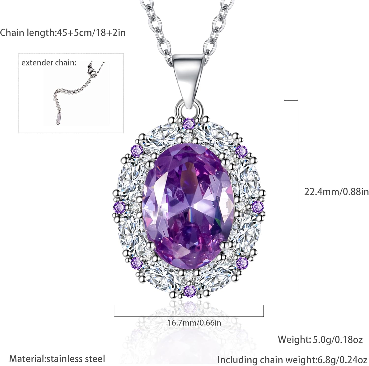 Purple Zirconia Necklace for Women Elegant Cubic Zirconia Pendant Stainless Steel Birthstone Jewelry, 18+2″ Adjustable Chain Dainty Gift for Birthday, Bridesmaids, Anniversary - Image 2