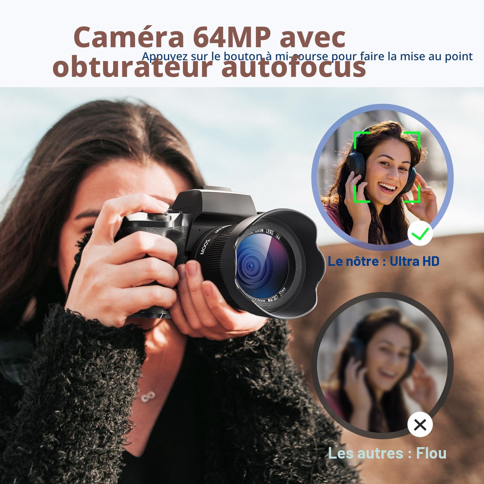 Appareil Photo numérique 4K, CCN 64MP Appareil Photo avec écran Tactile 3.0", Zoom numérique 16X, Fonction WiFi, avec Sacoche, Capuchon, Carte TF 32GB, Objectif Unique, Noir
