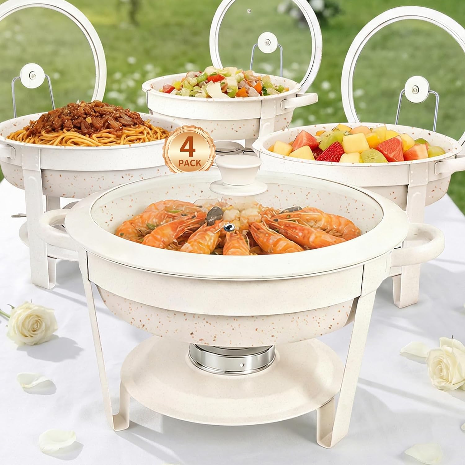 Chafing Dishes for Buffet,4 Pack 5QT Maifanite-Coated Chafing Dishes, White Chafing Dish Buffet Set with Glass Lid and Lid Holder,Food Warmers for Parties Butter for Wedding,Church Events,Birthday