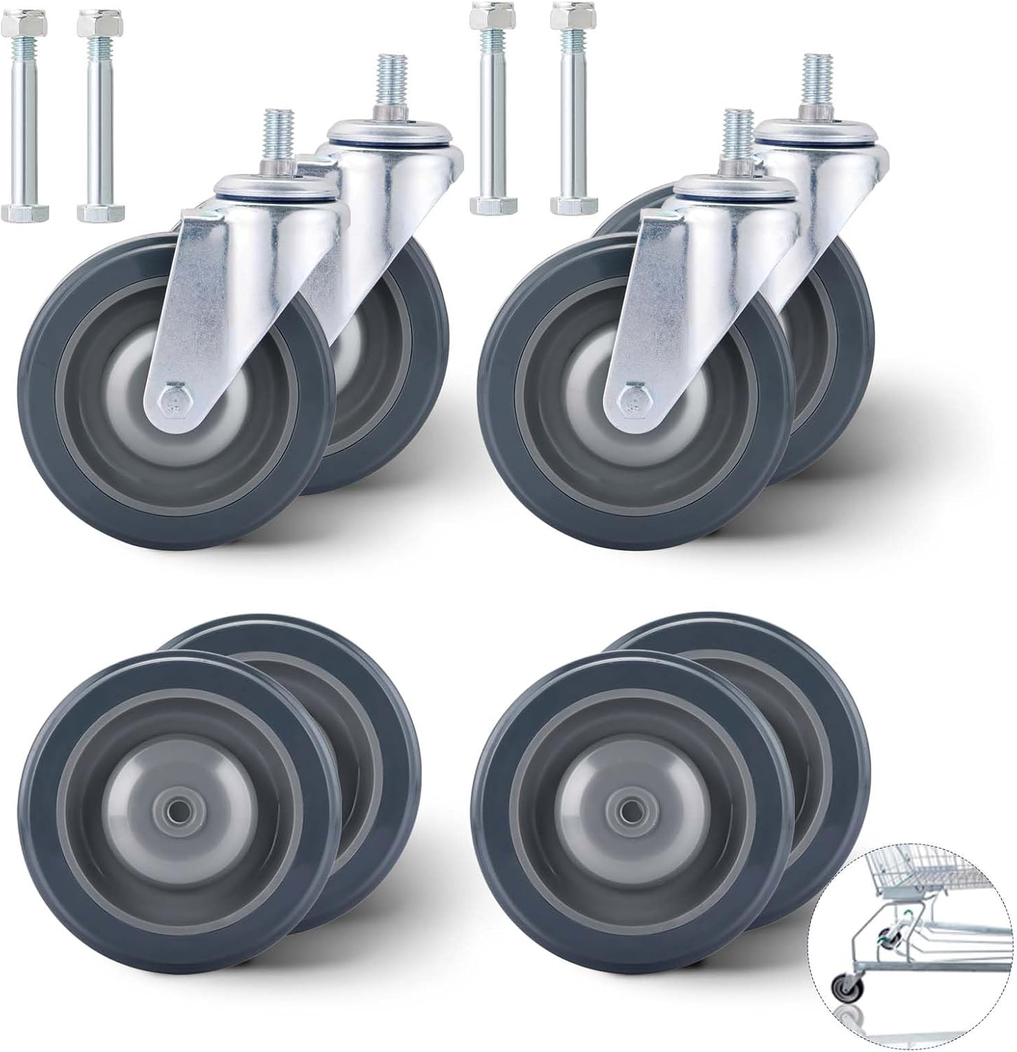 MAOPINER 8 Pack Shopping Cart Replacement Wheels Kit, 5" PU Steering Wheels with Axle Bolts, Includes 4 Threaded & 4 Stemless Casters with Hardware for Grocery Carts, Retail & Supermarkets (Grey)